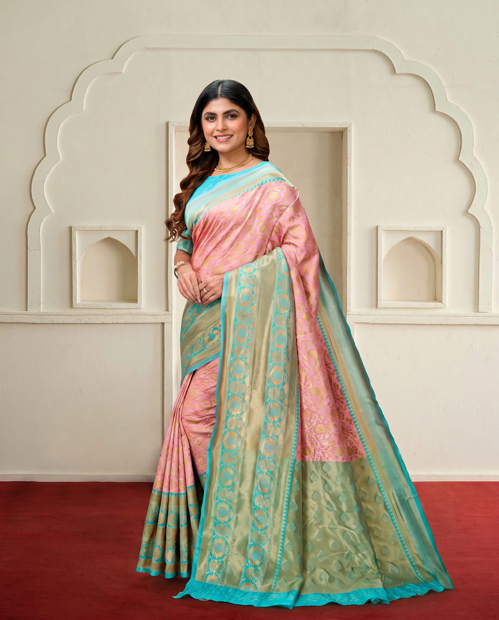 Elegant Pink & Sea Green Zari Woven Banarasi Style Saree with Designer Border – Festive & Wedding Wear - output 0 - 02 hero
