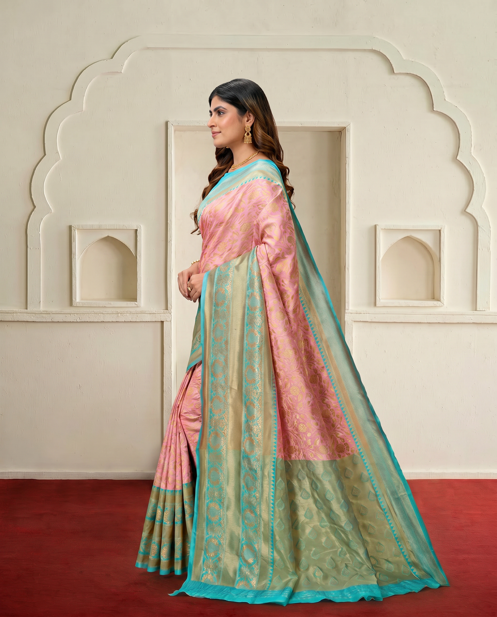 Elegant Pink & Sea Green Zari Woven Banarasi Style Saree with Designer Border – Festive & Wedding Wear - output 0 - 03 side