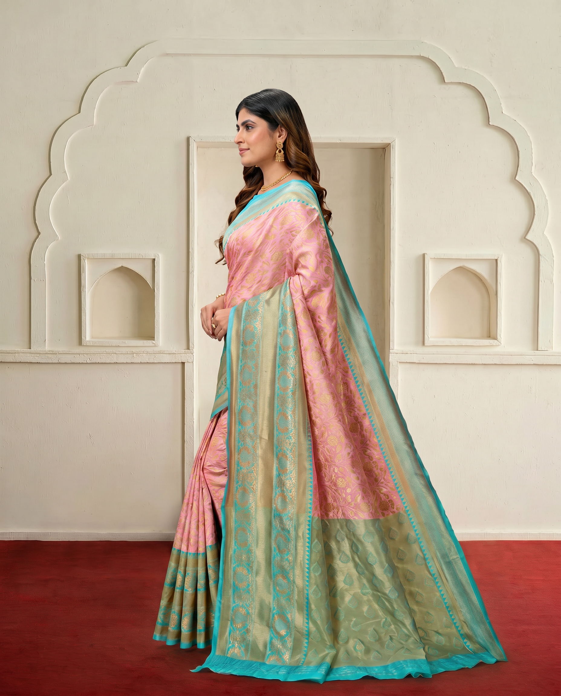 Elegant Pink & Sea Green Zari Woven Banarasi Style Saree with Designer Border – Festive & Wedding Wear - output 0 - 03 side