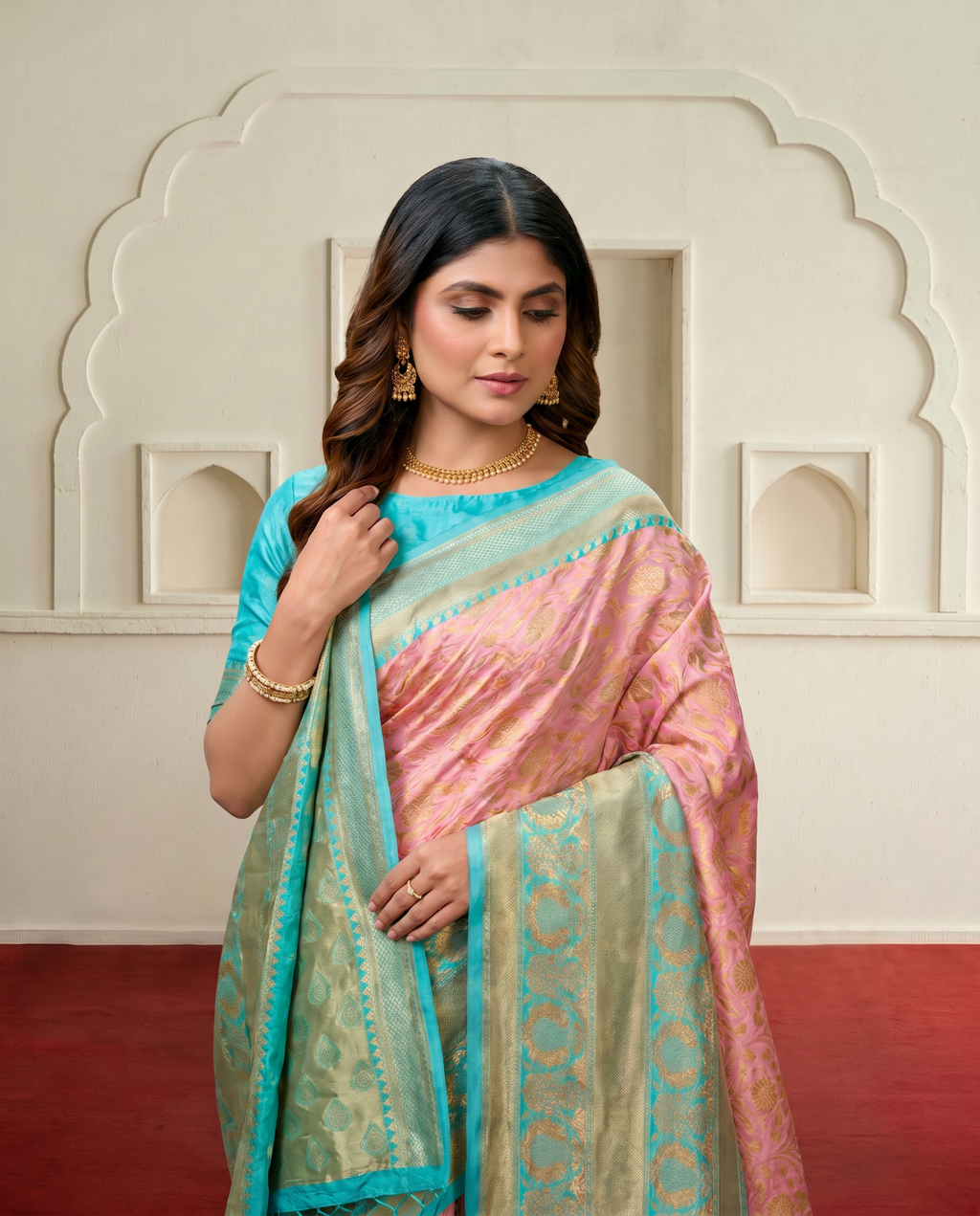Elegant Pink & Sea Green Zari Woven Banarasi Style Saree with Designer Border – Festive & Wedding Wear - output 0 - 04 upper closeup