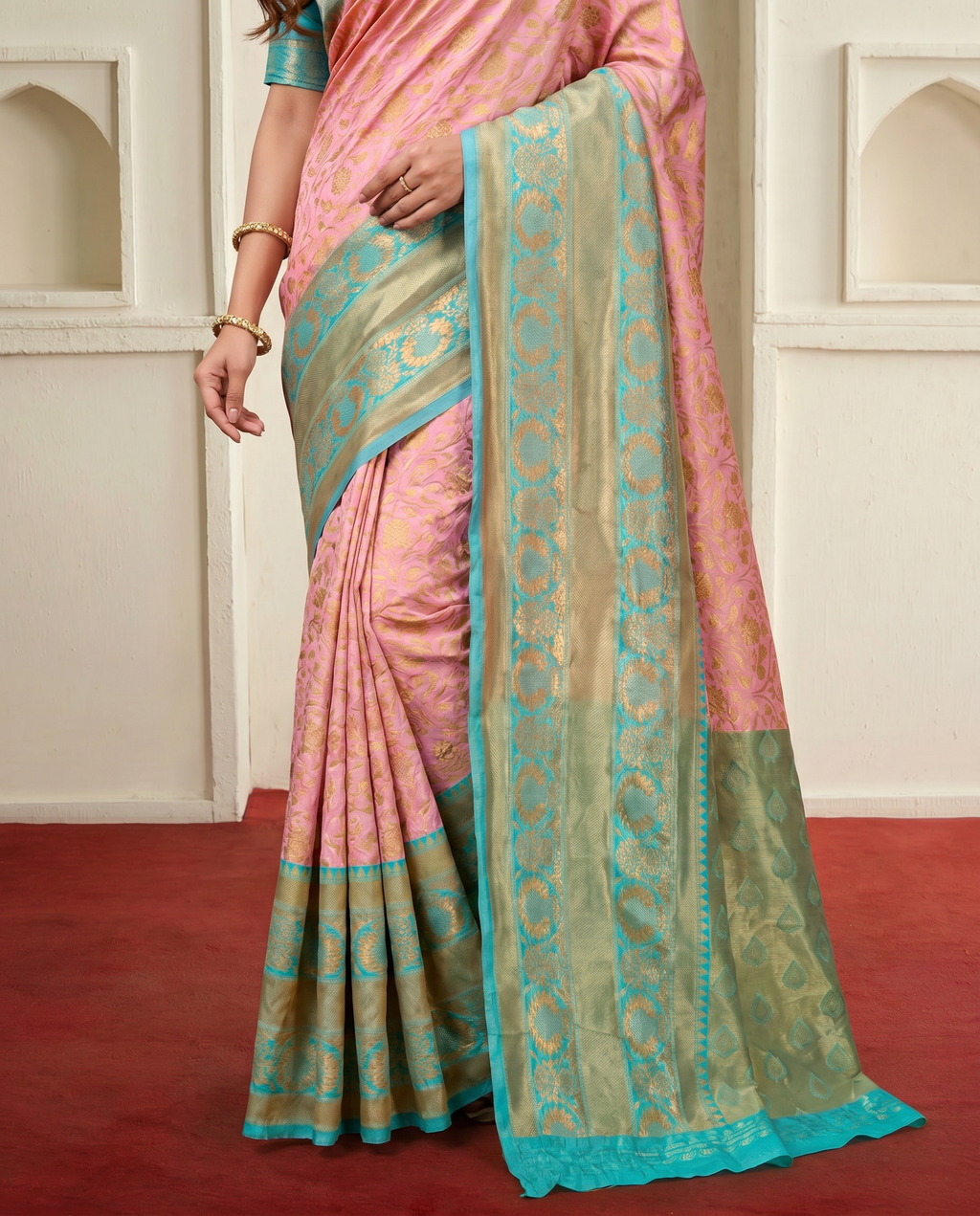 Elegant Pink & Sea Green Zari Woven Banarasi Style Saree with Designer Border – Festive & Wedding Wear - output 0 - 05 lower closeup