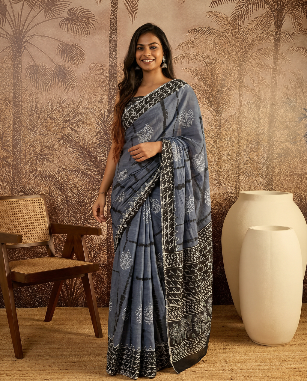 Elegant Pure Cotton Grey Saree with Black Border & Ethnic Print - output 0 - 02 hero