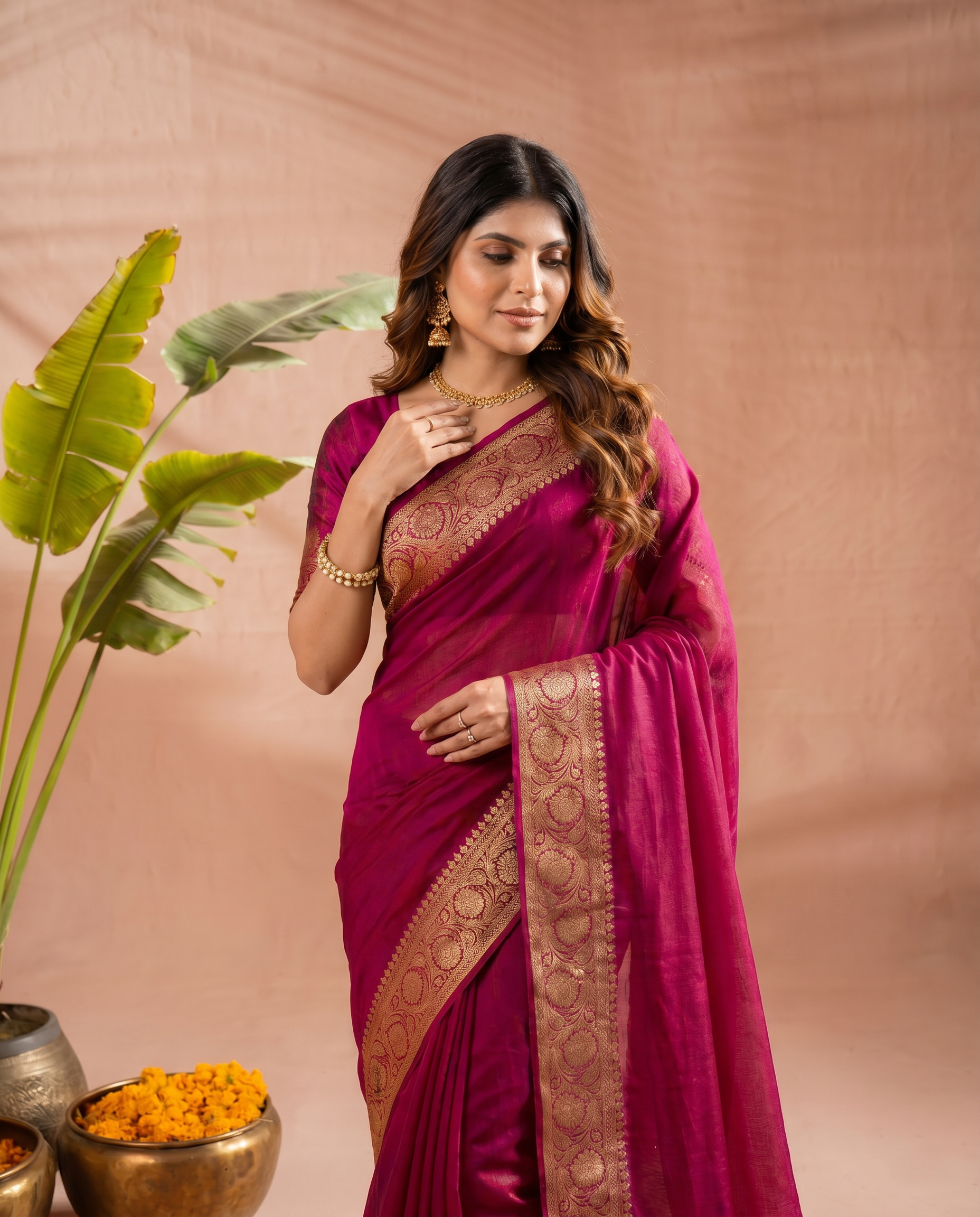 Elegant Purple Georgette Saree with Golden Zari Border – Festive & Party Wear - output 1 - 04 upper closeup