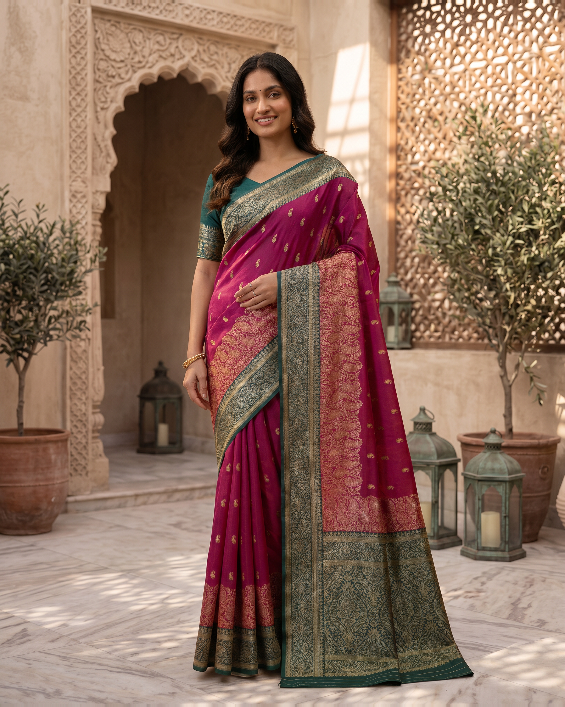 Elegant Rani Pink Banarasi Style Zari Woven Saree with Rich Golden Designer Pallu – Wedding & Festive Wear - Pink - hero