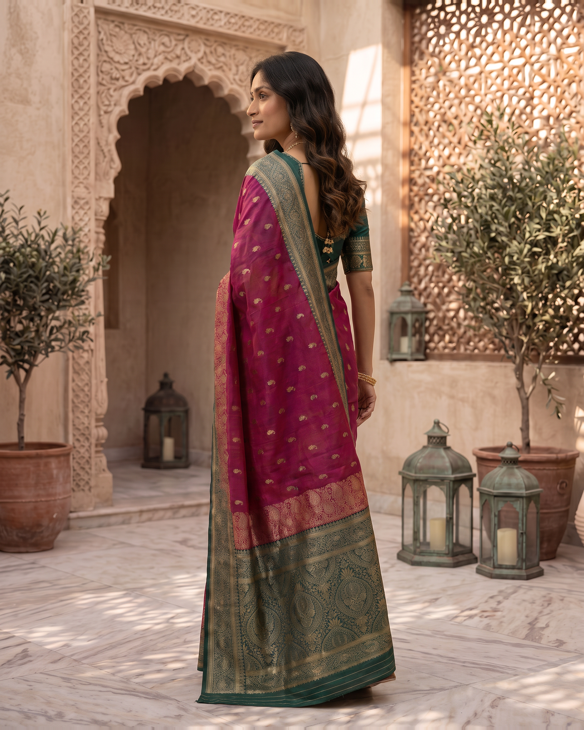 Elegant Rani Pink Banarasi Style Zari Woven Saree with Rich Golden Designer Pallu – Wedding & Festive Wear - Pink - side