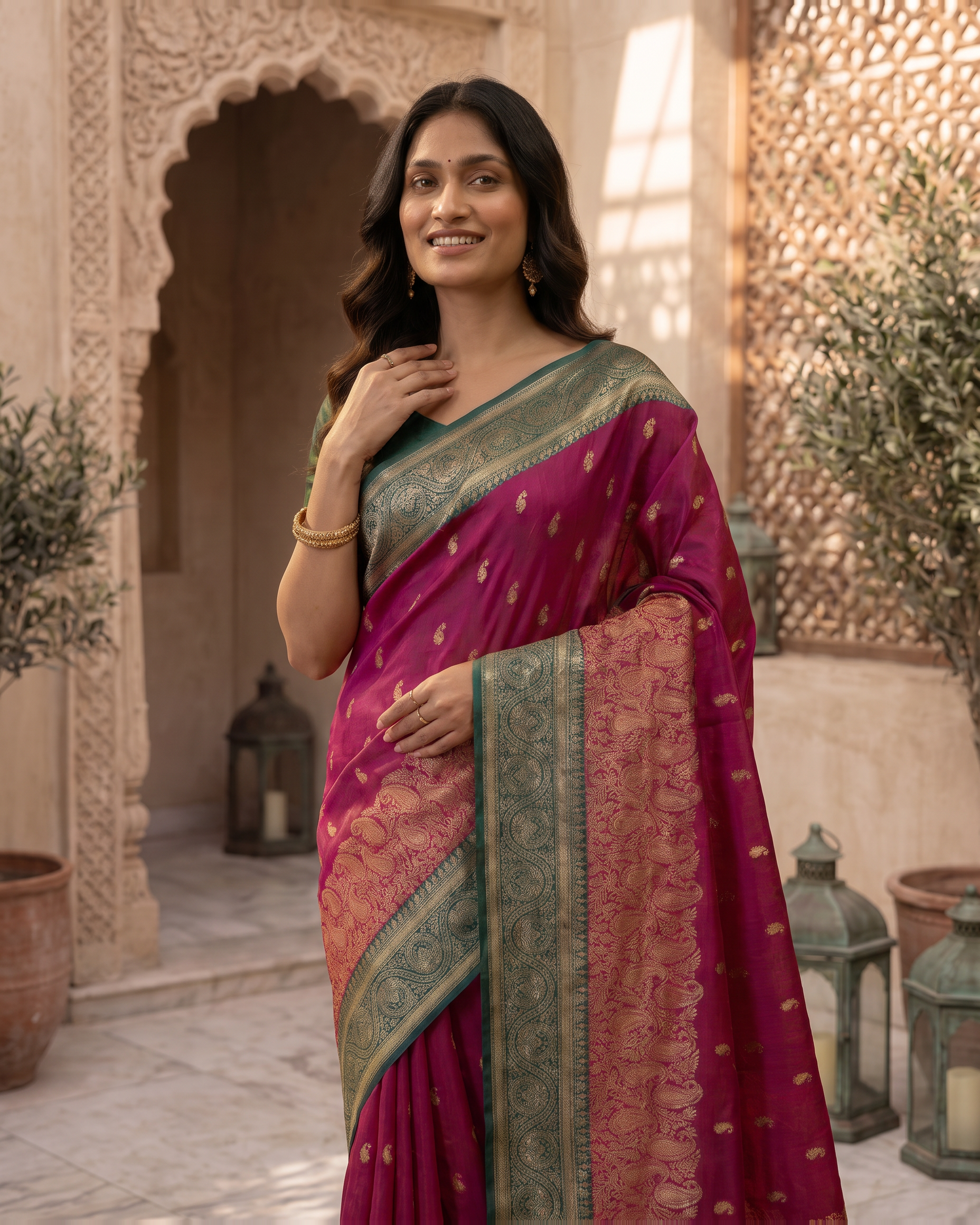 Elegant Rani Pink Banarasi Style Zari Woven Saree with Rich Golden Designer Pallu – Wedding & Festive Wear - Pink - upper closeup - catalog replacement catalog-output-replacement-20260812-095206-5340