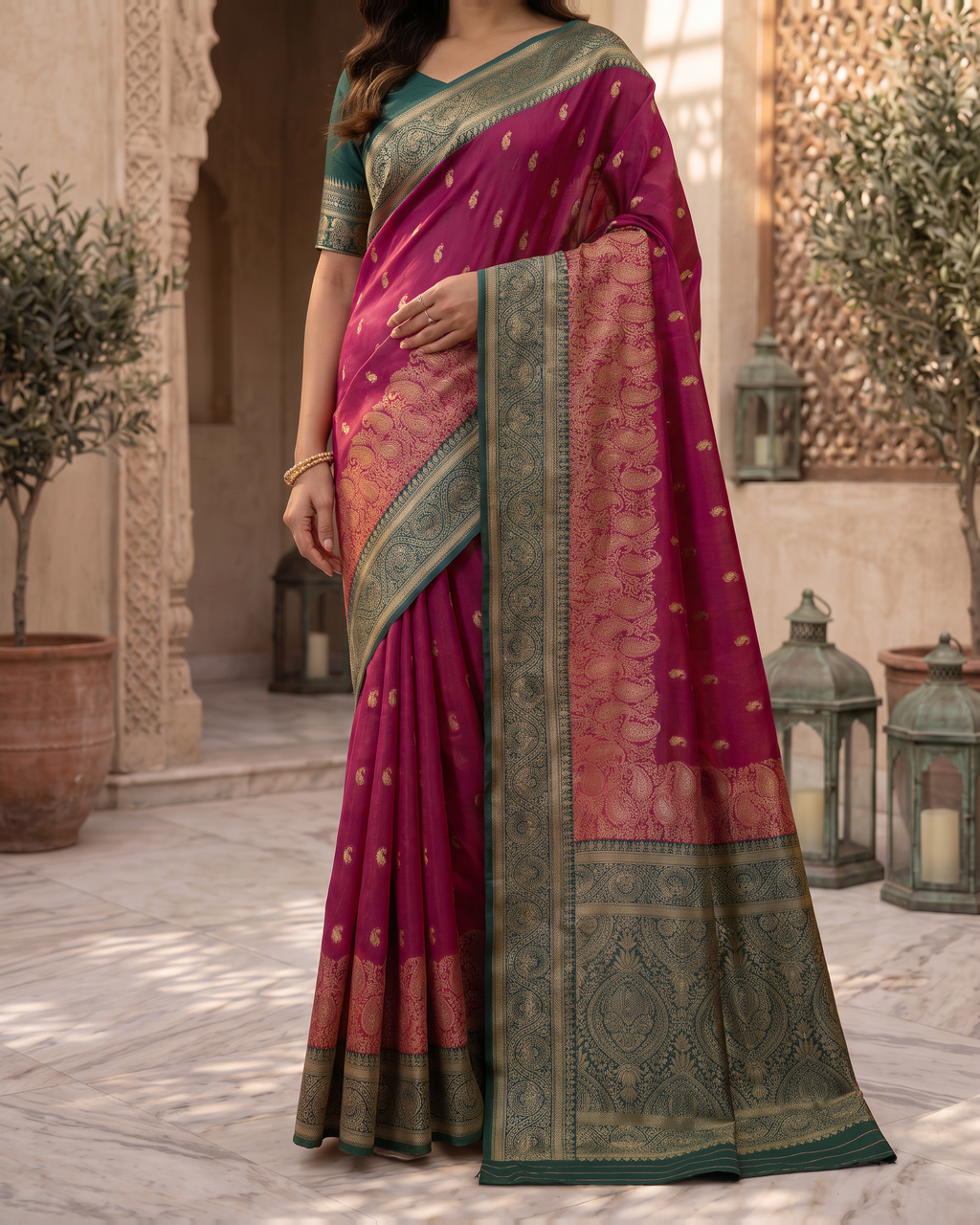 Elegant Rani Pink Banarasi Style Zari Woven Saree with Rich Golden Designer Pallu – Wedding & Festive Wear - Pink - upper closeup