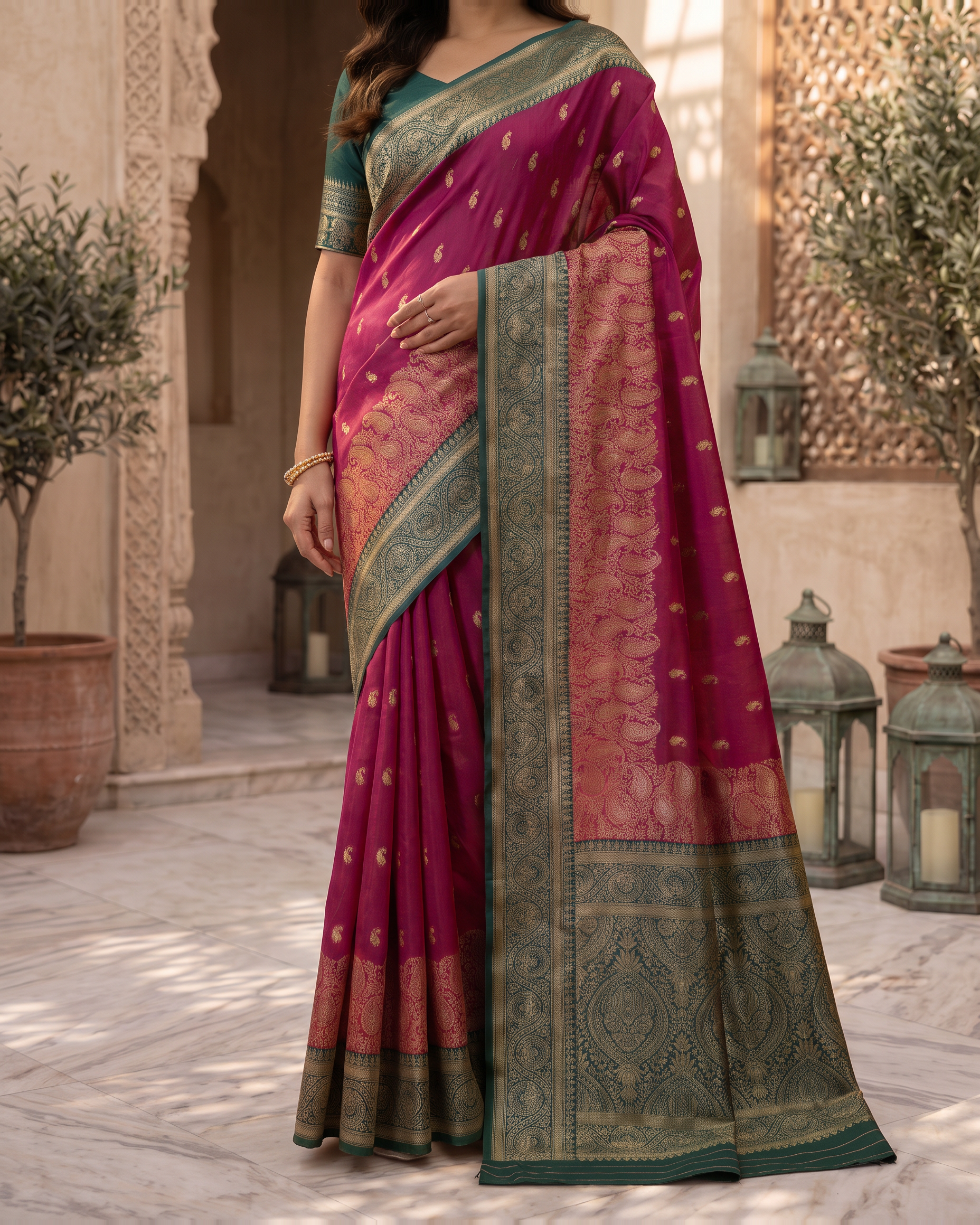 Elegant Rani Pink Banarasi Style Zari Woven Saree with Rich Golden Designer Pallu – Wedding & Festive Wear - Pink - upper closeup