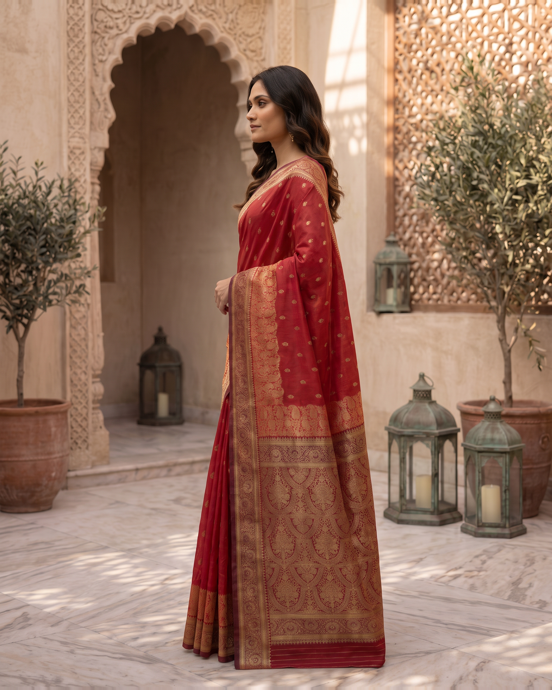 Elegant Rani Pink Banarasi Style Zari Woven Saree with Rich Golden Designer Pallu – Wedding & Festive Wear - Red - side