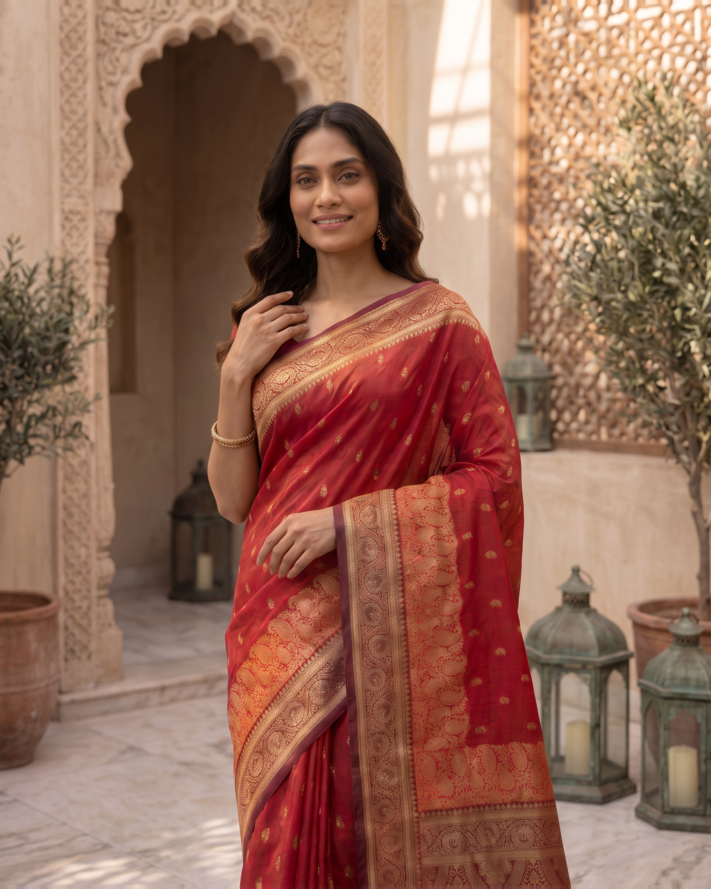 Elegant Rani Pink Banarasi Style Zari Woven Saree with Rich Golden Designer Pallu – Wedding & Festive Wear - Red - upper closeup - catalog replacement catalog-output-replacement-20260812-095206-5340