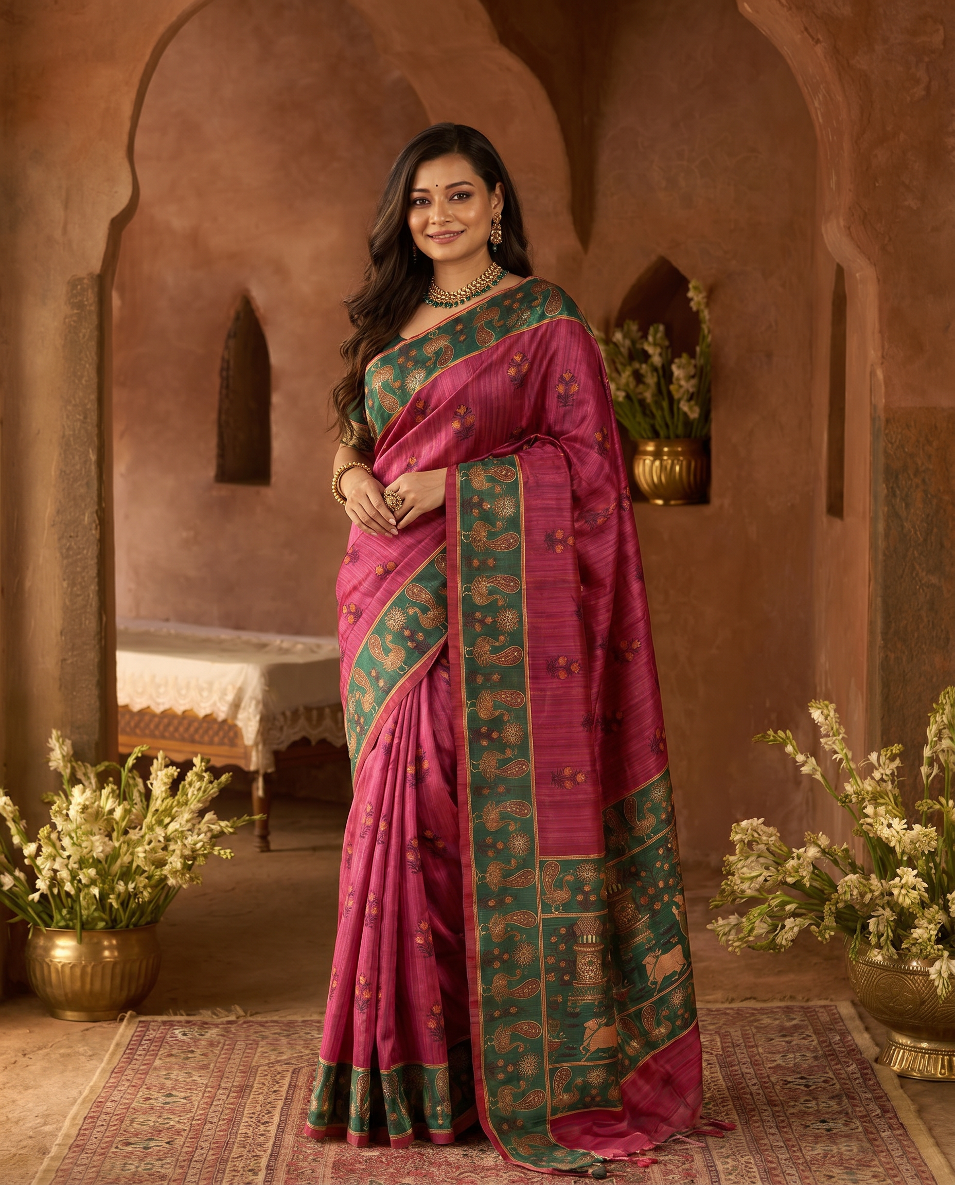 Elegant Rani Pink Silk Blend Saree with Green Printed Border – Festive & Traditional Wear - output 0 - 02 hero