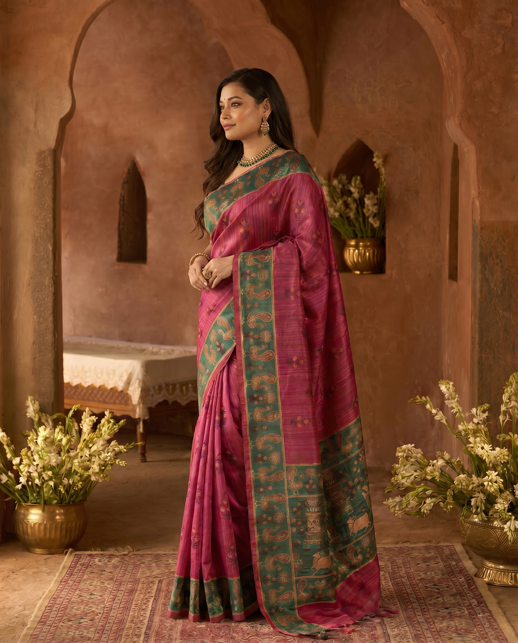 Elegant Rani Pink Silk Blend Saree with Green Printed Border – Festive & Traditional Wear - output 0 - 03 side