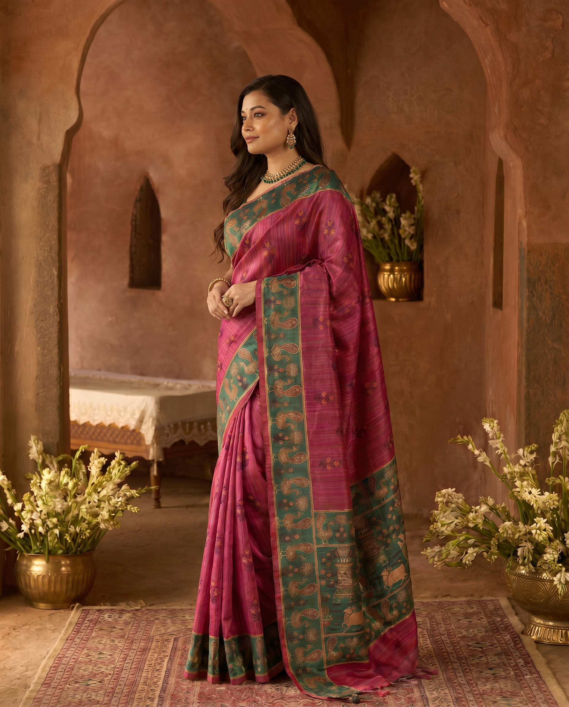 Elegant Rani Pink Silk Blend Saree with Green Printed Border – Festive & Traditional Wear - output 0 - 03 side