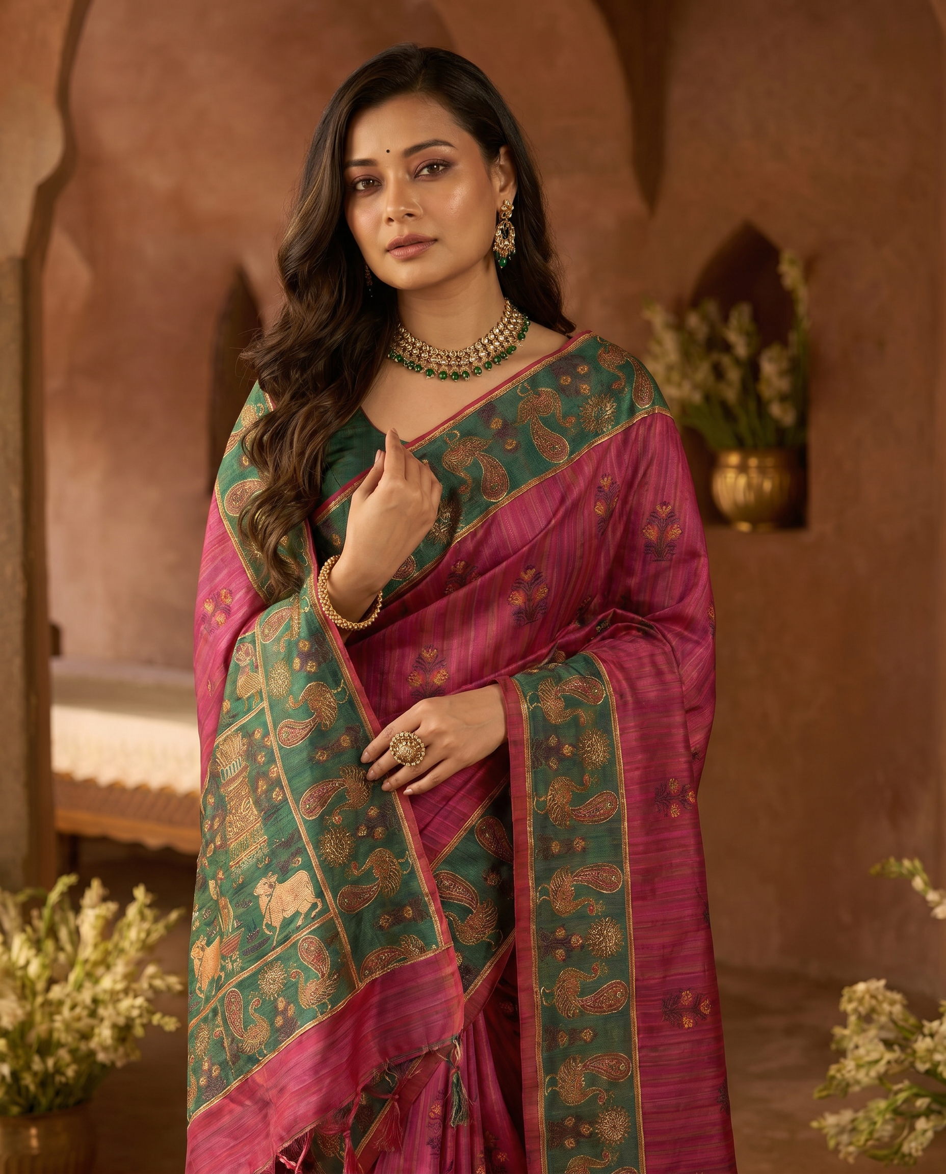 Elegant Rani Pink Silk Blend Saree with Green Printed Border – Festive & Traditional Wear - output 0 - 04 upper closeup
