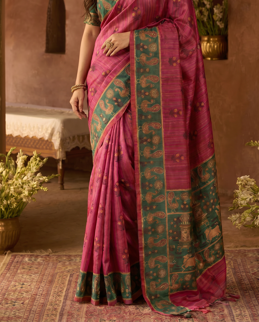 Elegant Rani Pink Silk Blend Saree with Green Printed Border – Festive & Traditional Wear - output 0 - 05 lower closeup