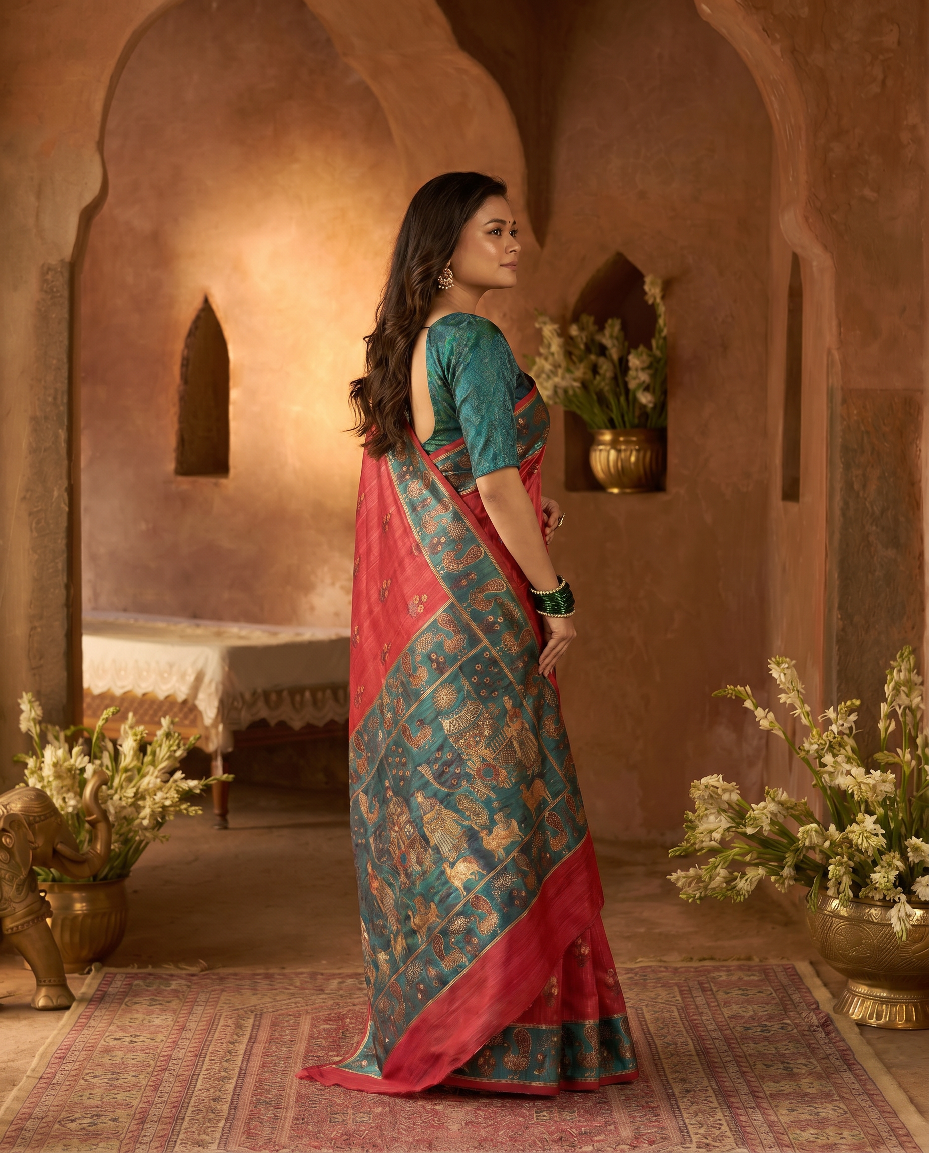 Elegant Rani Pink Silk Blend Saree with Green Printed Border – Festive & Traditional Wear - output 2 - 03 side