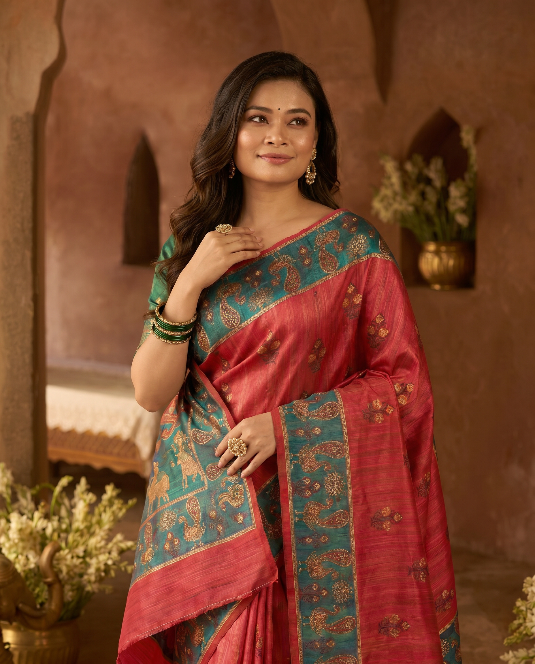 Elegant Rani Pink Silk Blend Saree with Green Printed Border – Festive & Traditional Wear - output 2 - 04 upper closeup