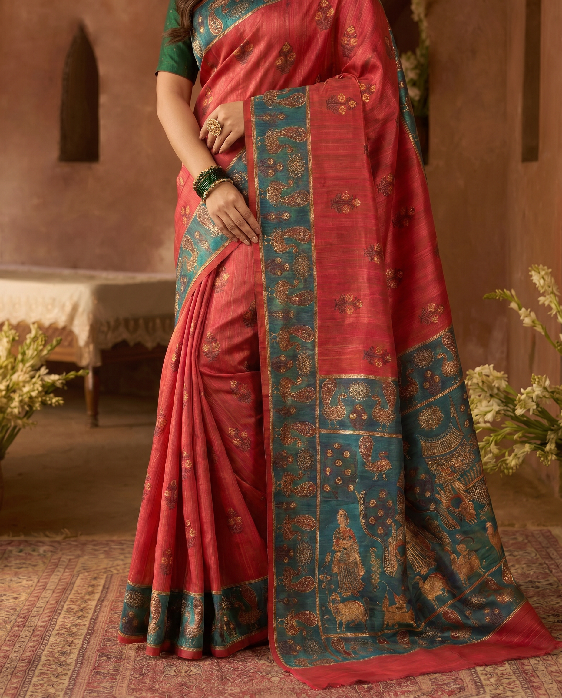 Elegant Rani Pink Silk Blend Saree with Green Printed Border – Festive & Traditional Wear - output 2 - 05 lower closeup