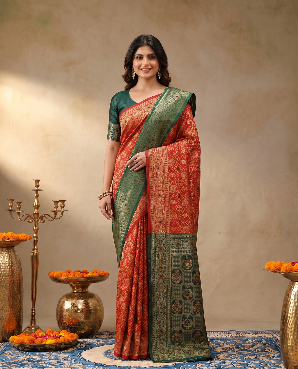 Elegant Red Banarasi Style Zari Woven Saree with Green Designer Border – Wedding & Festive Wear - output 0 - 02 hero