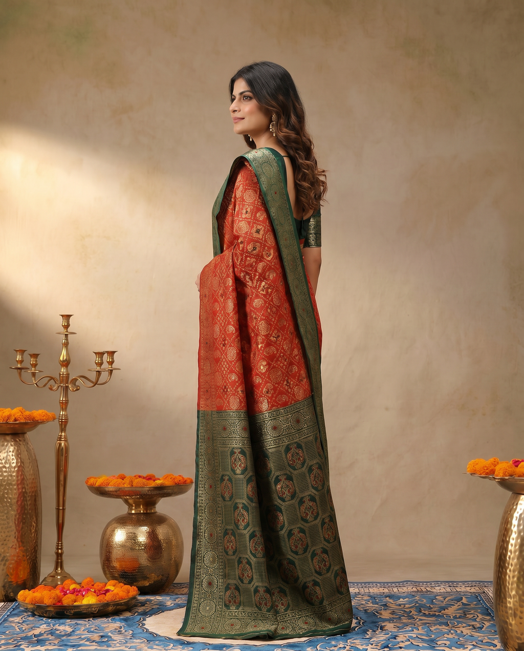 Elegant Red Banarasi Style Zari Woven Saree with Green Designer Border – Wedding & Festive Wear - output 0 - 03 side