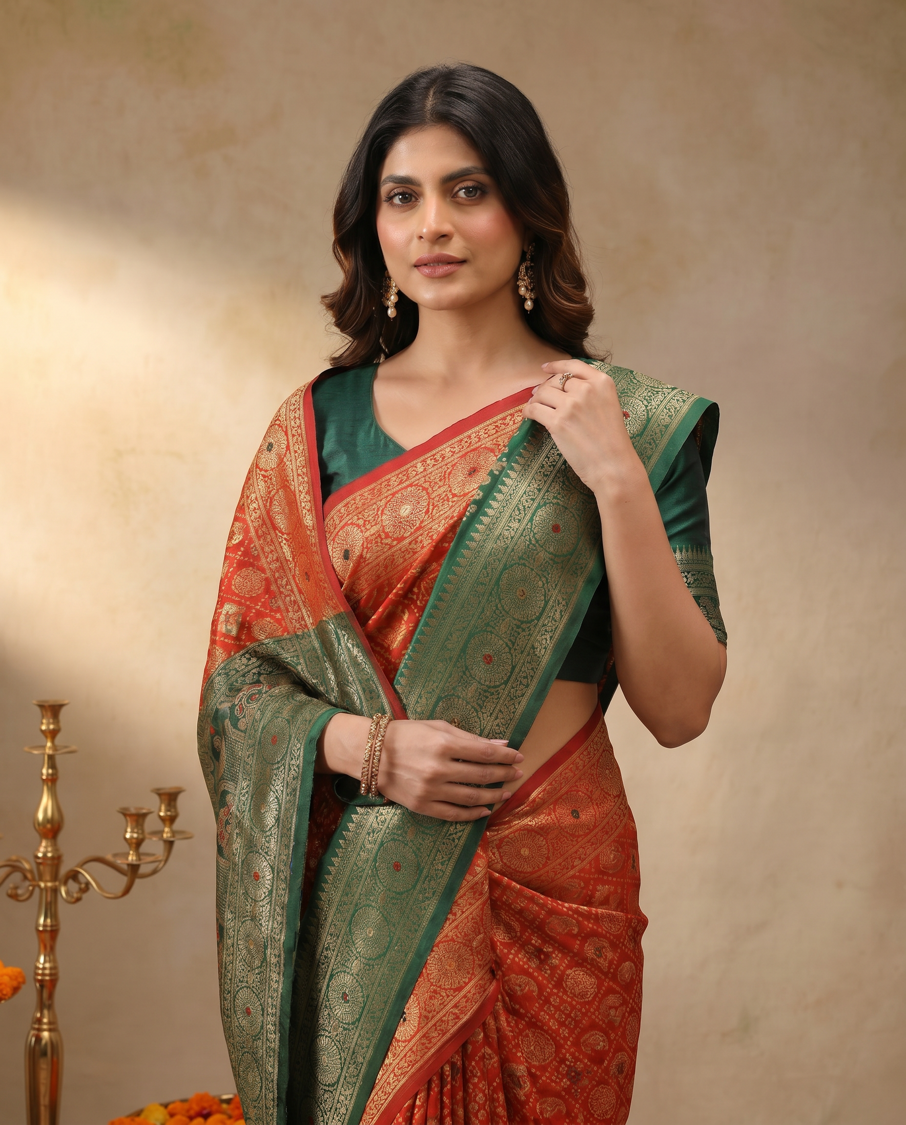 Elegant Red Banarasi Style Zari Woven Saree with Green Designer Border – Wedding & Festive Wear - output 0 - 04 upper closeup