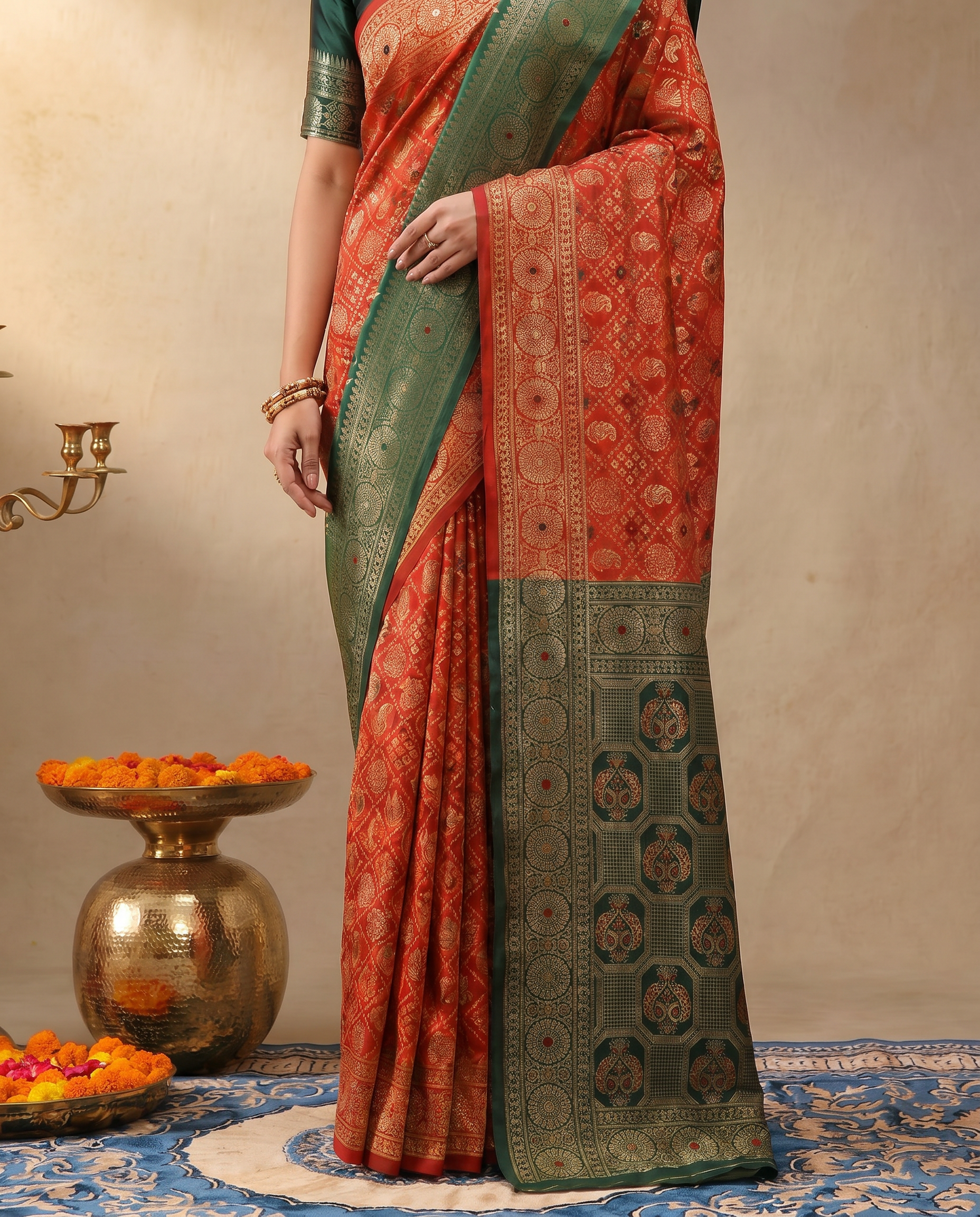 Elegant Red Banarasi Style Zari Woven Saree with Green Designer Border – Wedding & Festive Wear - output 0 - 05 lower closeup