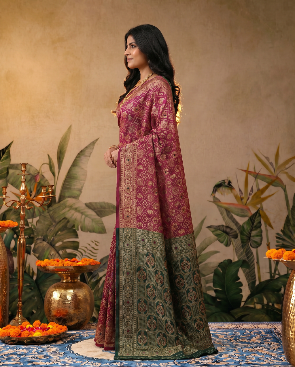 Elegant Red Banarasi Style Zari Woven Saree with Green Designer Border – Wedding & Festive Wear - output 1 - 03 side