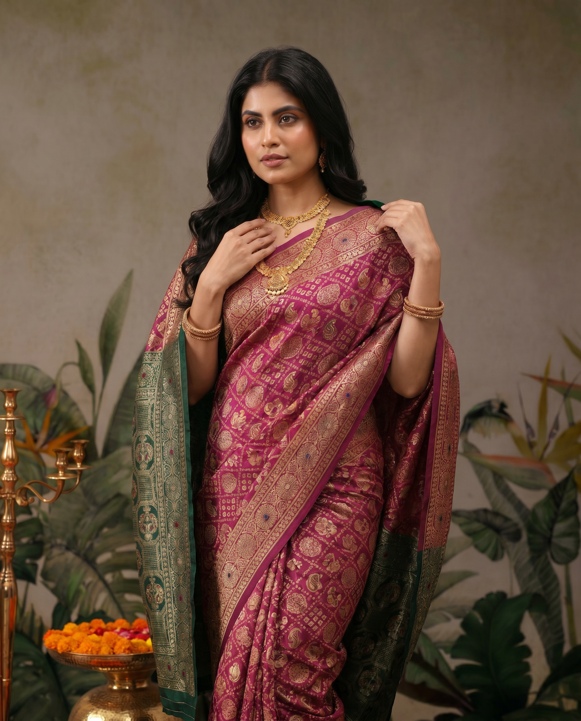 Elegant Red Banarasi Style Zari Woven Saree with Green Designer Border – Wedding & Festive Wear - output 1 - 04 upper closeup