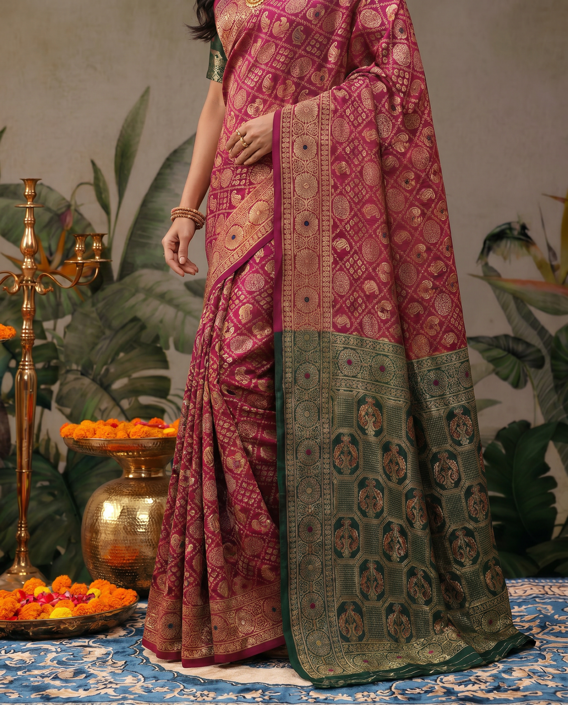 Elegant Red Banarasi Style Zari Woven Saree with Green Designer Border – Wedding & Festive Wear - output 1 - 05 lower closeup