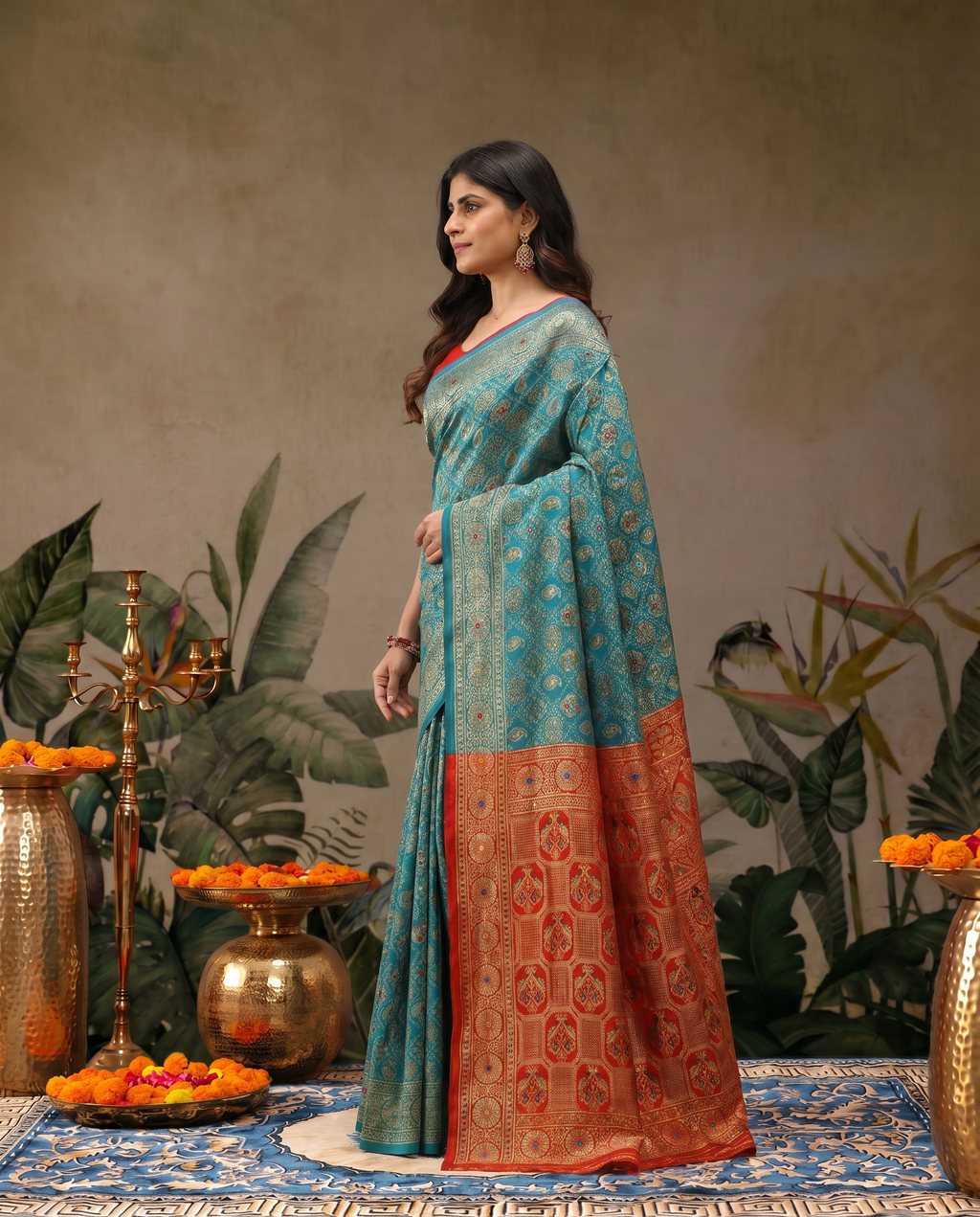 Elegant Red Banarasi Style Zari Woven Saree with Green Designer Border – Wedding & Festive Wear - output 2 - 03 side