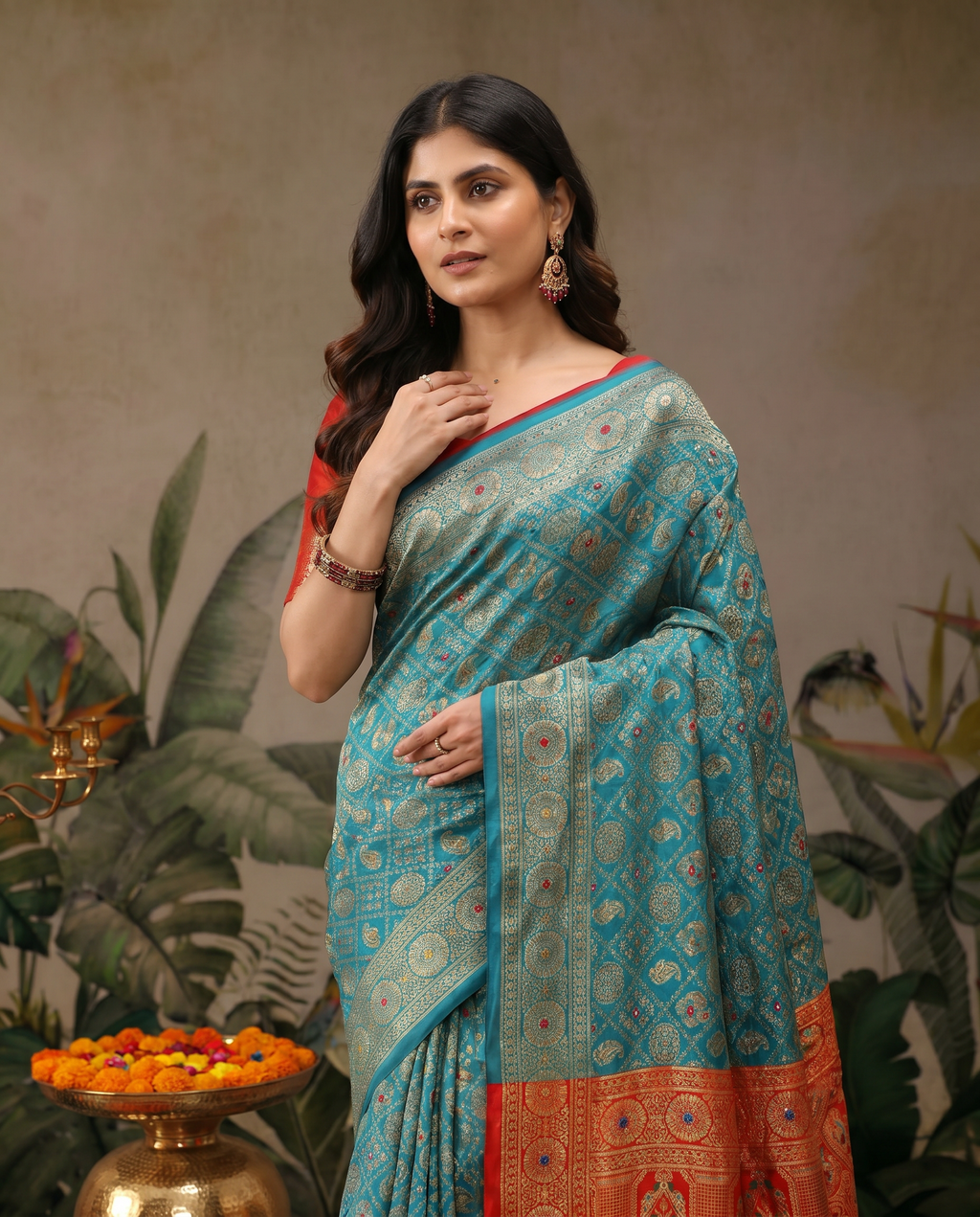 Elegant Red Banarasi Style Zari Woven Saree with Green Designer Border – Wedding & Festive Wear - output 2 - 04 upper closeup