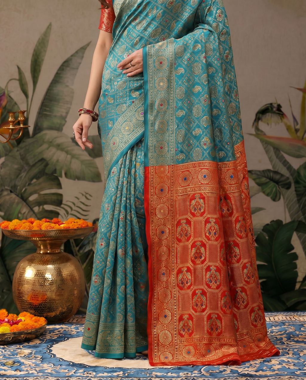 Elegant Red Banarasi Style Zari Woven Saree with Green Designer Border – Wedding & Festive Wear - output 2 - 05 lower closeup