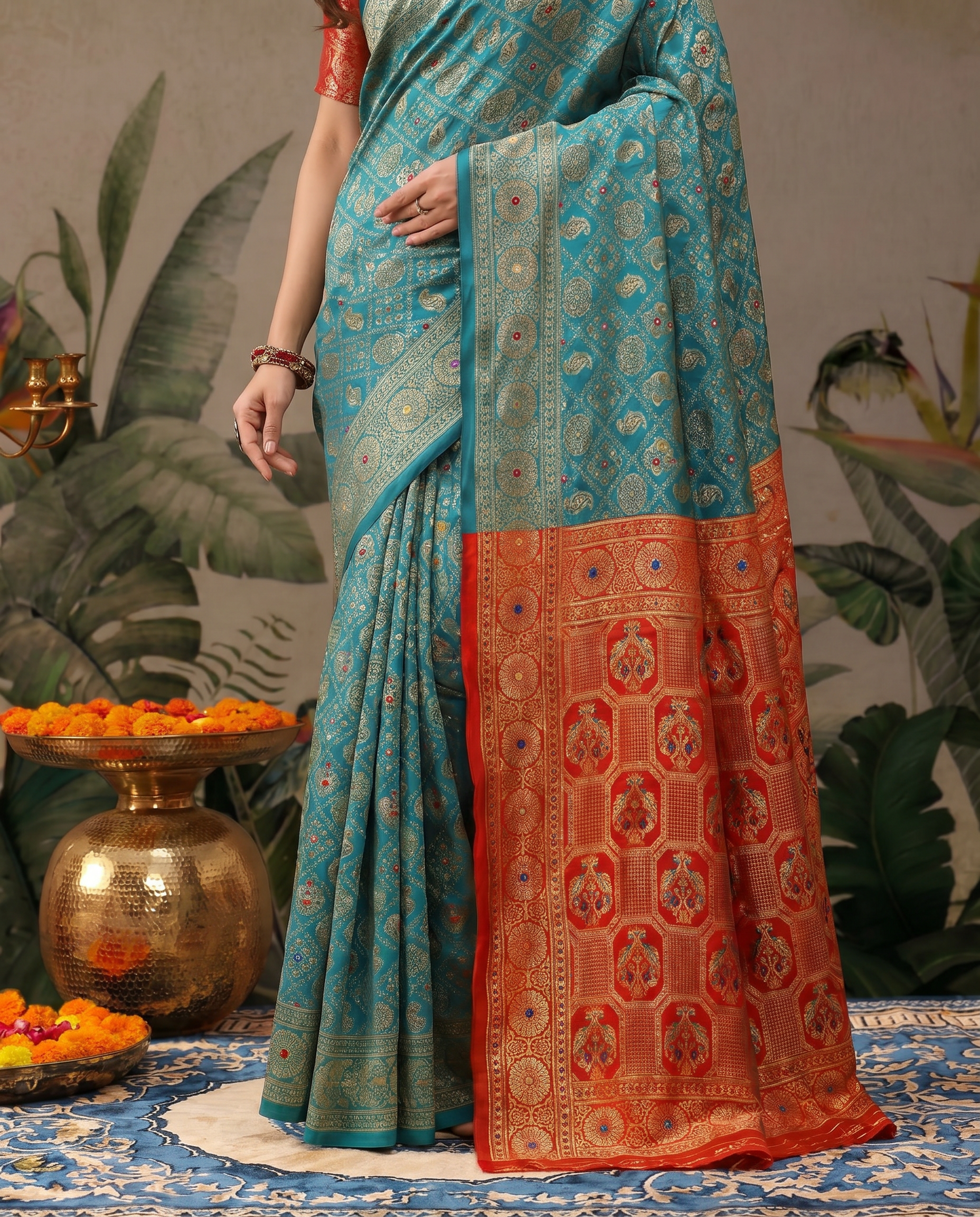 Elegant Red Banarasi Style Zari Woven Saree with Green Designer Border – Wedding & Festive Wear - output 2 - 05 lower closeup