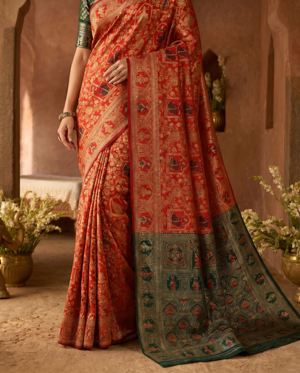 Elegant Red Banarasi Style Zari Woven Saree with Rich Designer Pallu – Wedding & Festive Wear - output 0 - 05 lower closeup