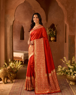 Elegant Red Banarasi Style Zari Woven Saree with Rich Golden Border – Festive & Wedding Wear