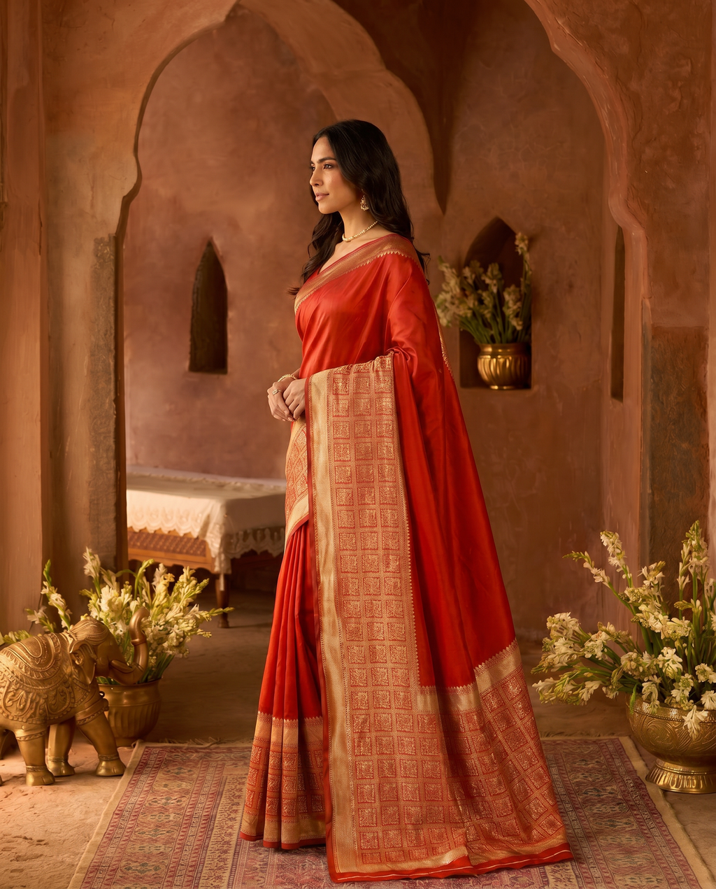 Elegant Red Banarasi Style Zari Woven Saree with Rich Golden Border – Festive & Wedding Wear - output 0 - 03 side