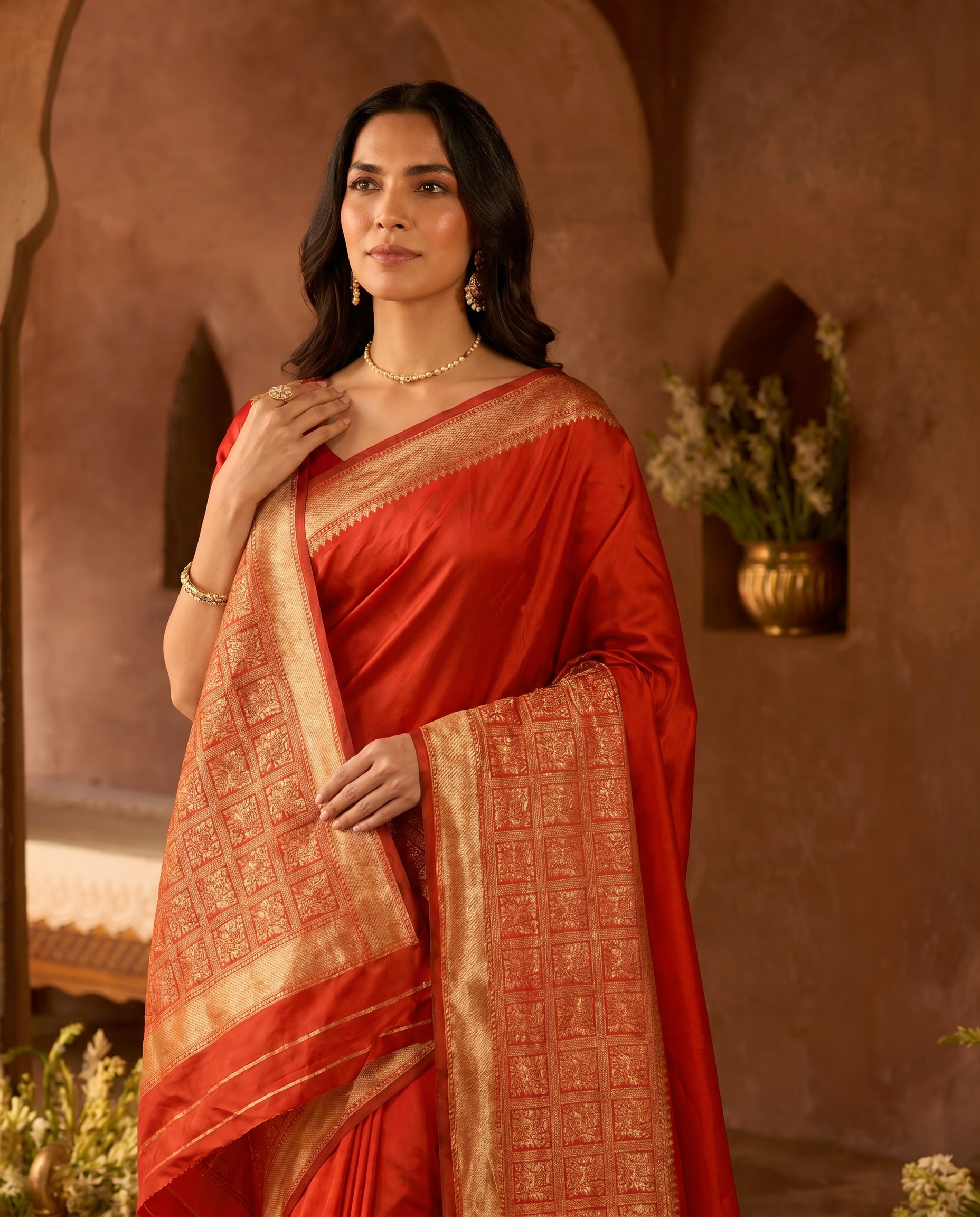 Elegant Red Banarasi Style Zari Woven Saree with Rich Golden Border – Festive & Wedding Wear - output 0 - 04 upper closeup