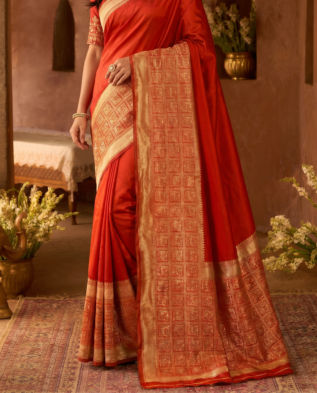 Elegant Red Banarasi Style Zari Woven Saree with Rich Golden Border – Festive & Wedding Wear - output 0 - 05 lower closeup