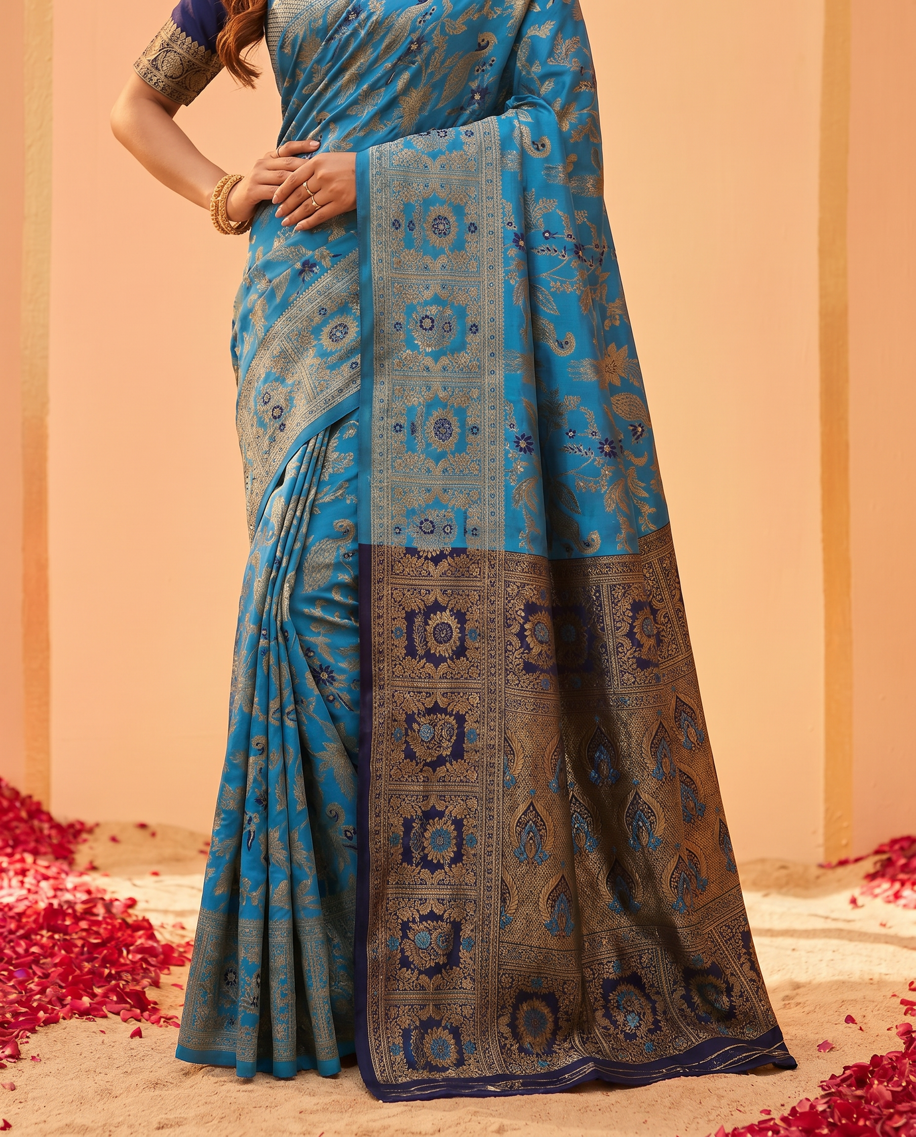 Elegant Royal Blue Banarasi Style Zari Woven Saree with Rich Golden Designer Pallu – Wedding & Festive Wear - output 0 - 05 lower closeup