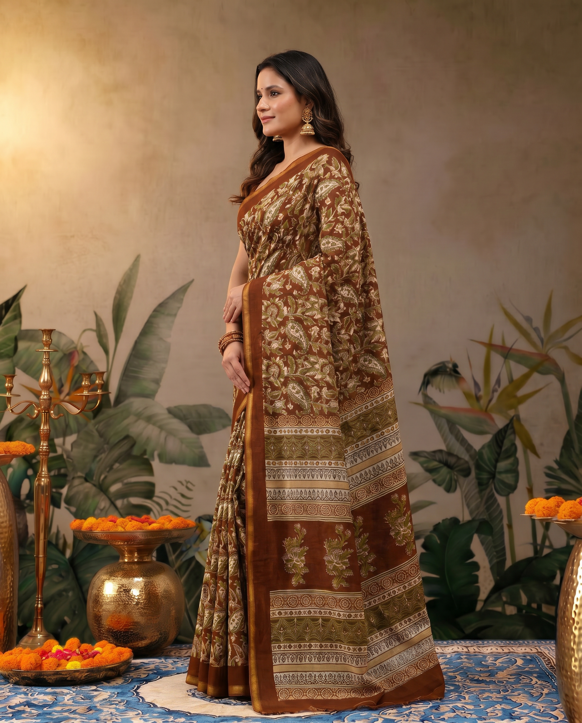 Elegant Rust Brown Printed Pure Cotton Saree with Traditional Border - output 0 - 03 side