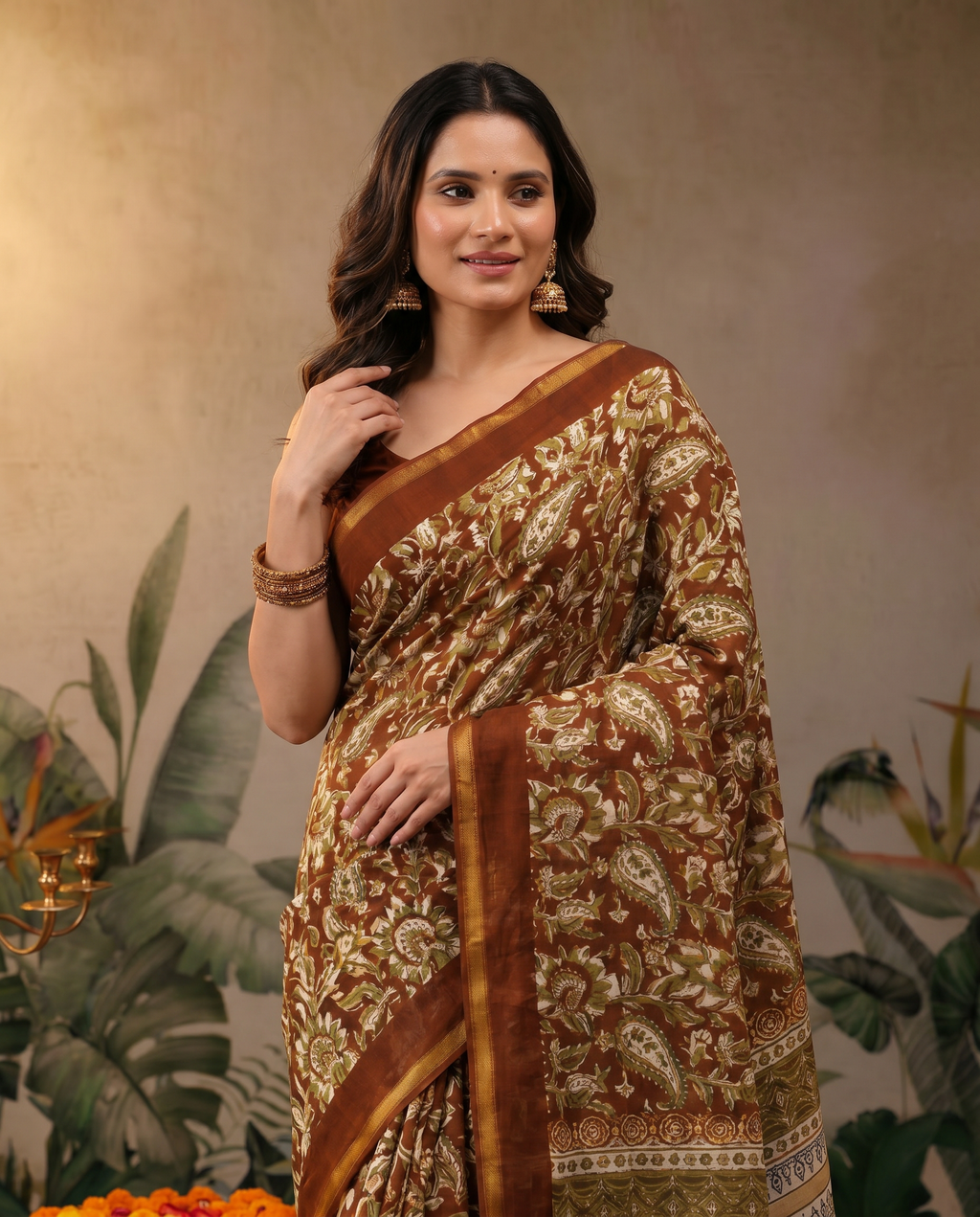 Elegant Rust Brown Printed Pure Cotton Saree with Traditional Border - output 0 - 04 upper closeup