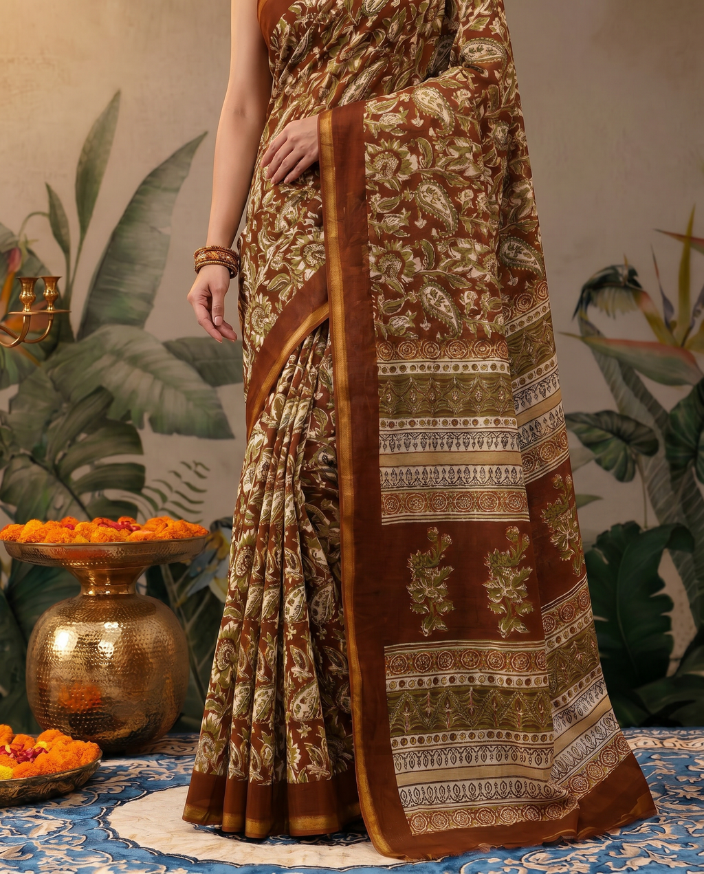 Elegant Rust Brown Printed Pure Cotton Saree with Traditional Border - output 0 - 05 lower closeup