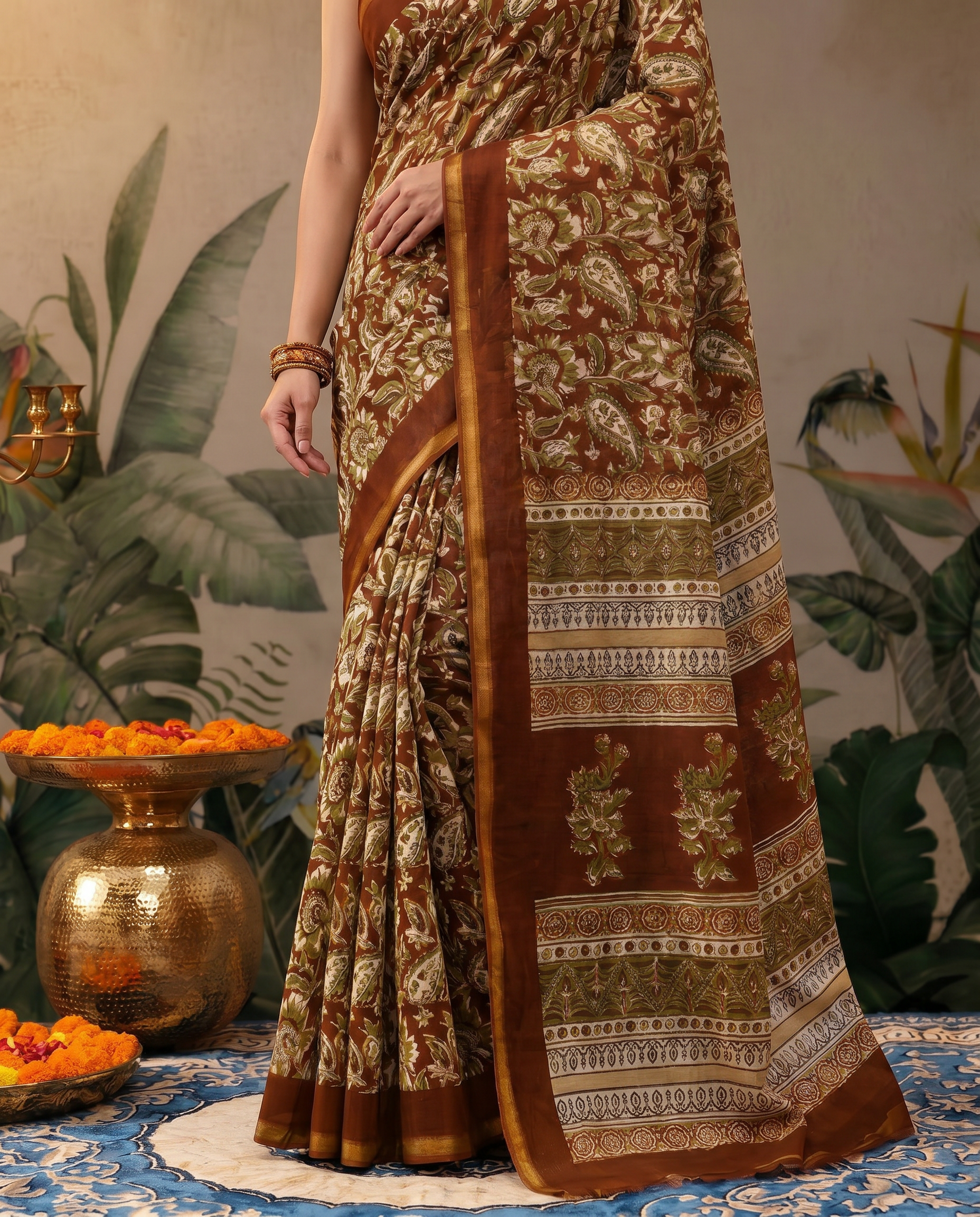 Elegant Rust Brown Printed Pure Cotton Saree with Traditional Border - output 0 - 05 lower closeup