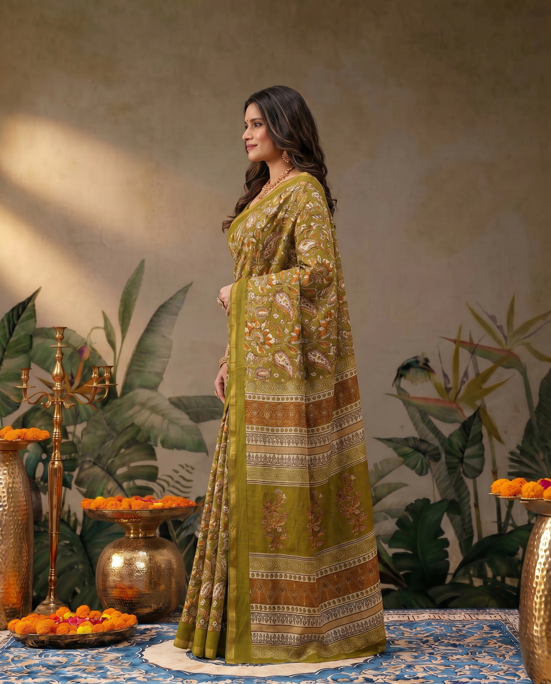 Elegant Rust Brown Printed Pure Cotton Saree with Traditional Border - output 1 - 03 side