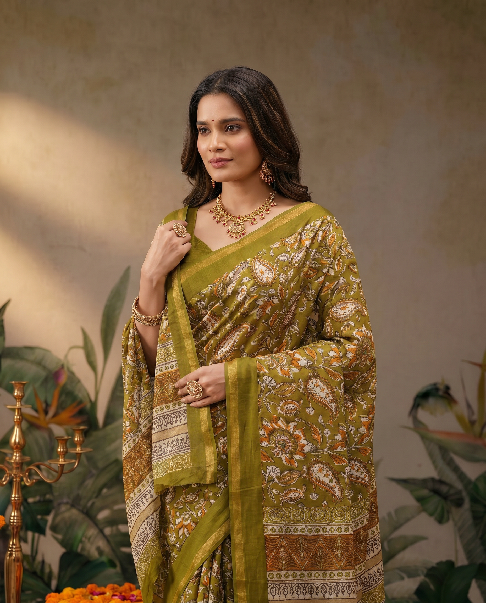 Elegant Rust Brown Printed Pure Cotton Saree with Traditional Border - output 1 - 04 upper closeup