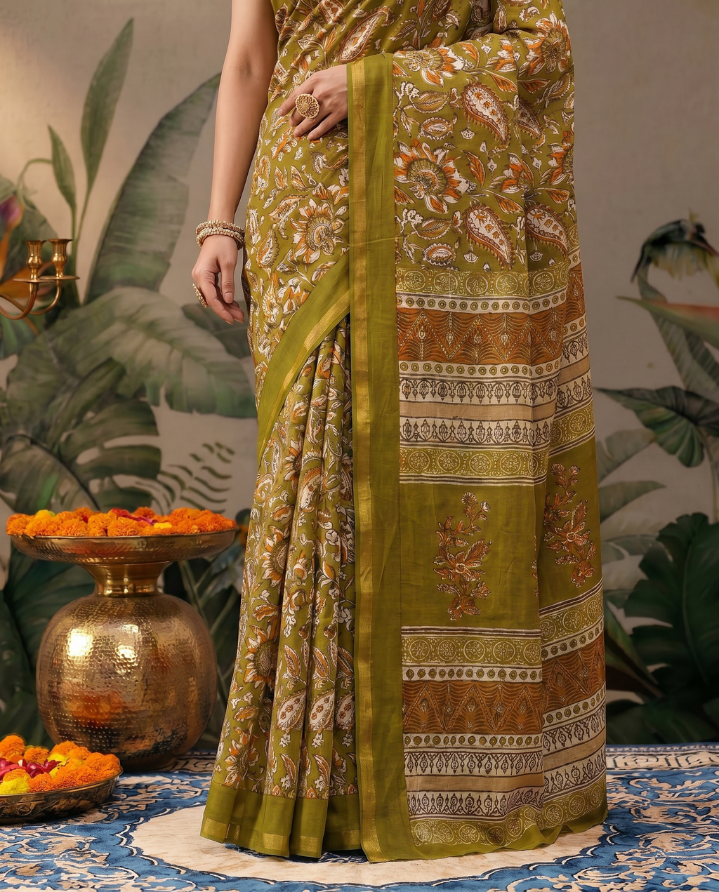 Elegant Rust Brown Printed Pure Cotton Saree with Traditional Border - output 1 - 05 lower closeup