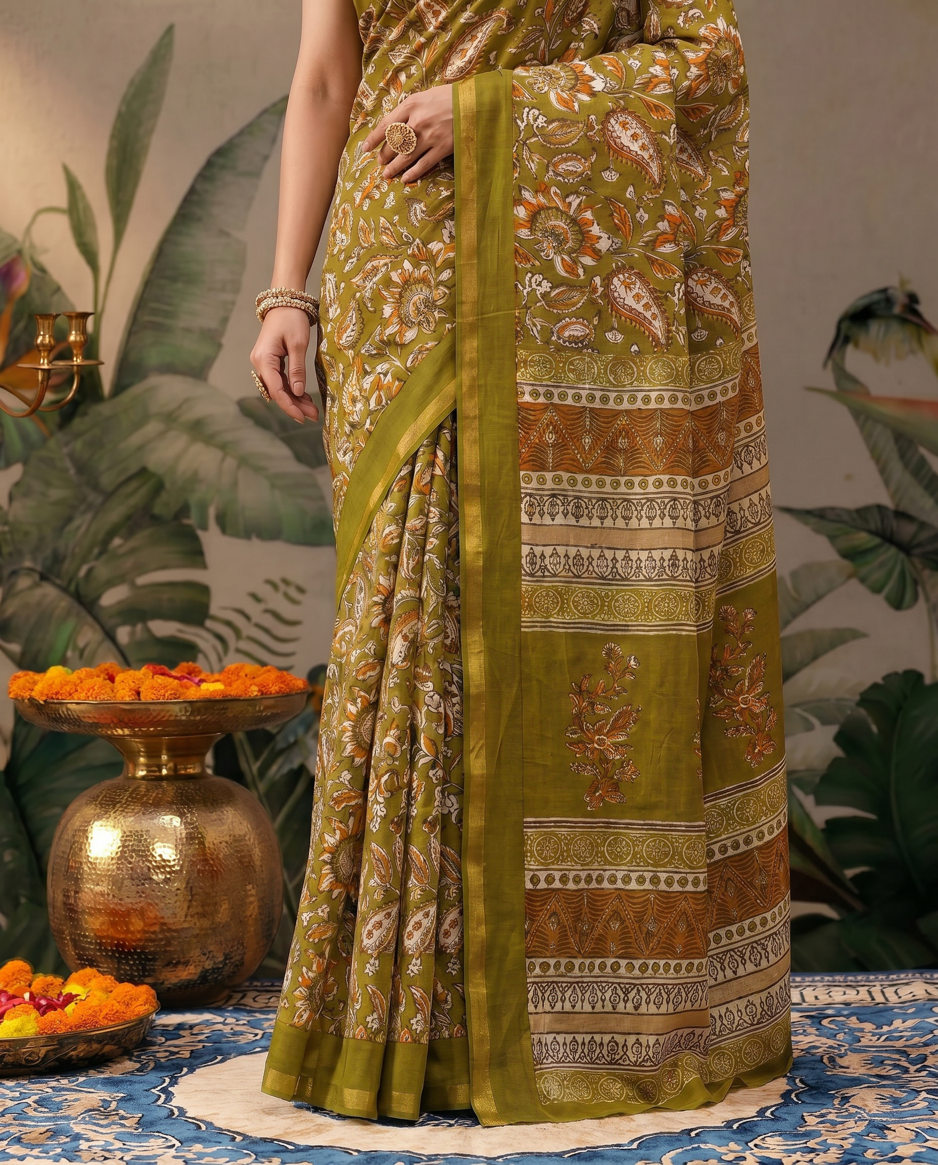 Elegant Rust Brown Printed Pure Cotton Saree with Traditional Border - output 1 - 05 lower closeup