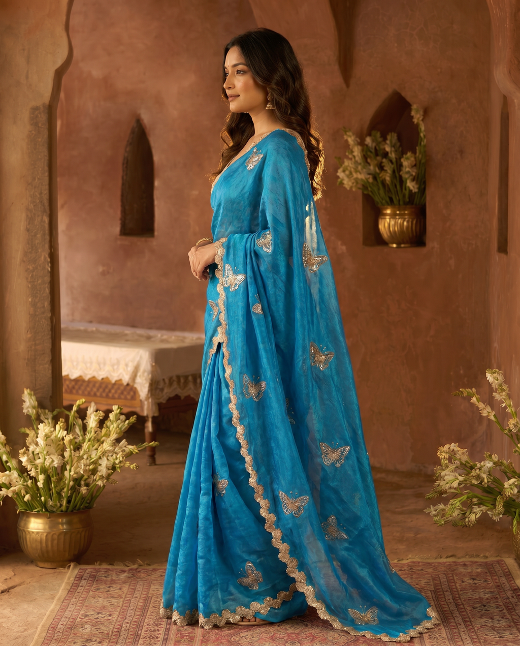 Elegant Sky Blue Designer Saree with Butterfly Embroidery & Golden Lace Border – Party & Festive Wear - output 0 - 03 side