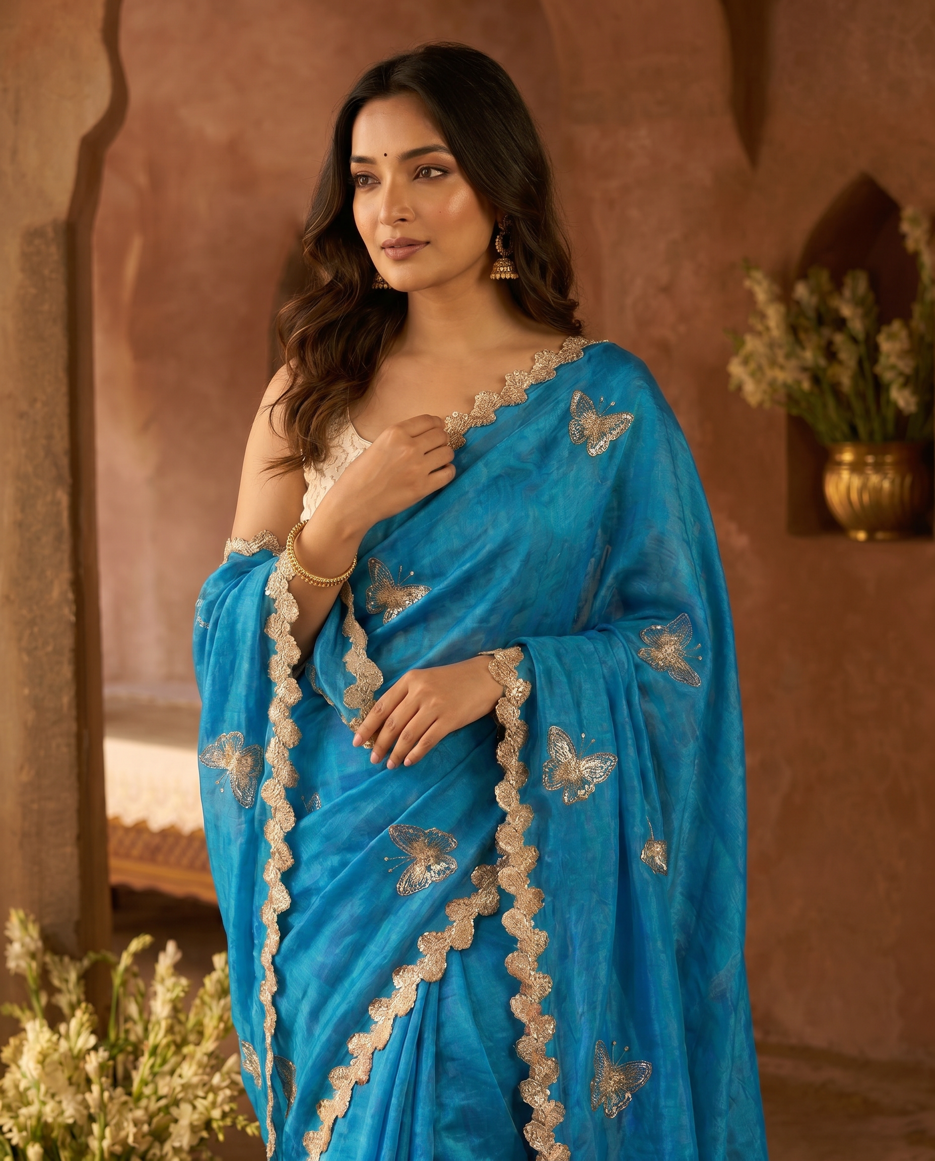 Elegant Sky Blue Designer Saree with Butterfly Embroidery & Golden Lace Border – Party & Festive Wear - output 0 - 04 upper closeup