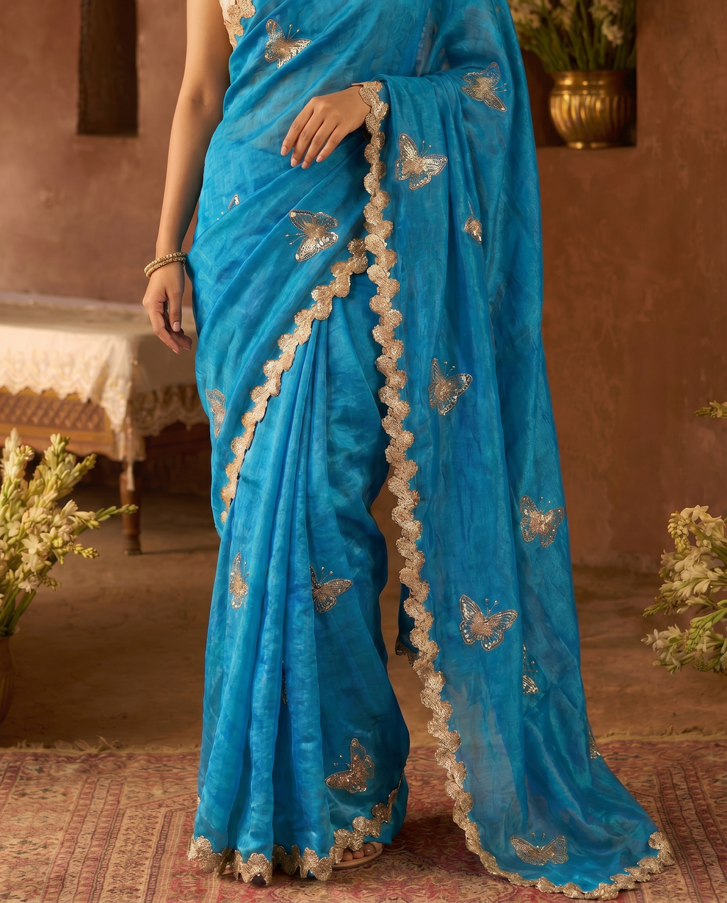 Elegant Sky Blue Designer Saree with Butterfly Embroidery & Golden Lace Border – Party & Festive Wear - output 0 - 05 lower closeup